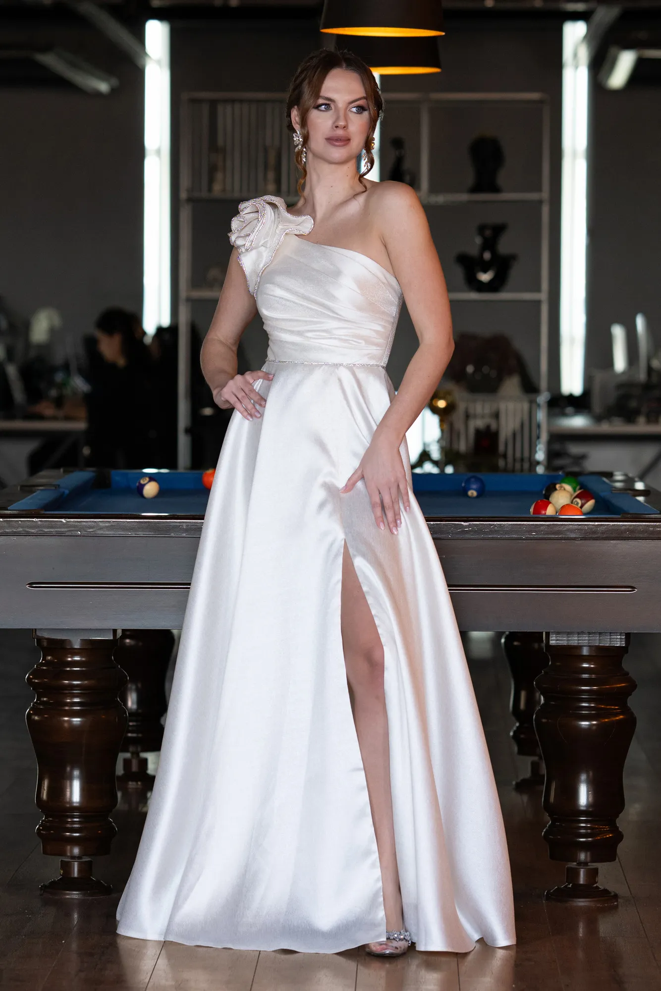 Ecru-One Shoulder High Slit Long Taffeta Prom Evening Dress ABU4782