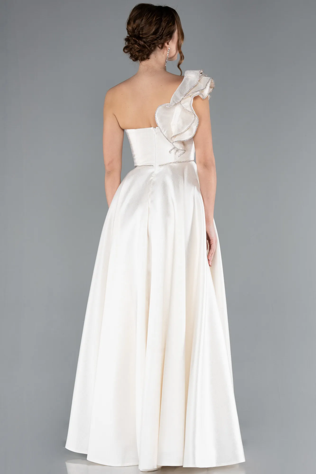 Ecru-One Shoulder High Slit Long Taffeta Prom Evening Dress ABU4782