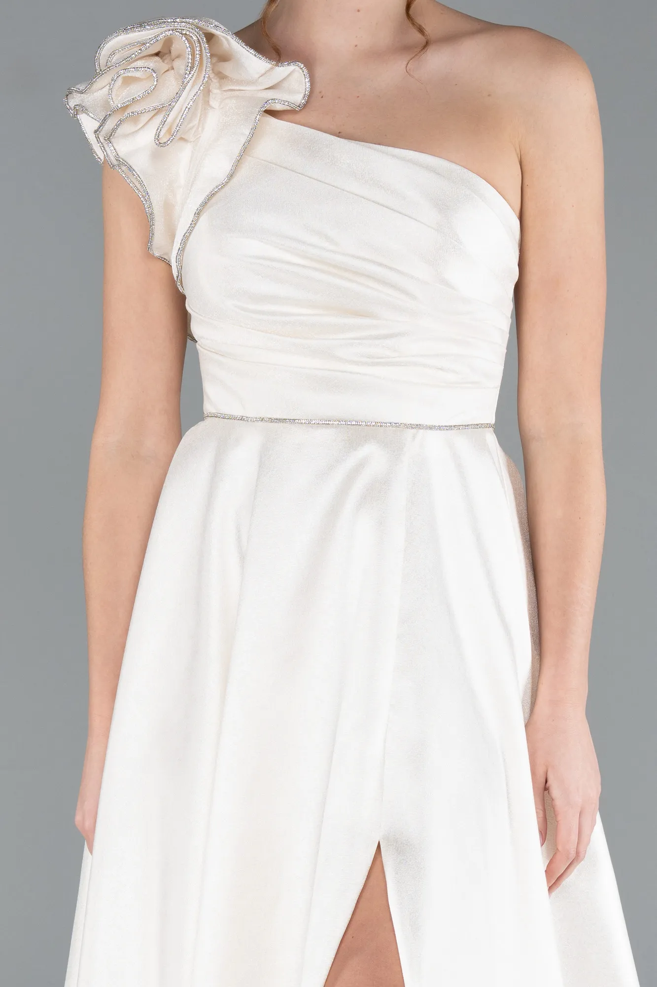 Ecru-One Shoulder High Slit Long Taffeta Prom Evening Dress ABU4782