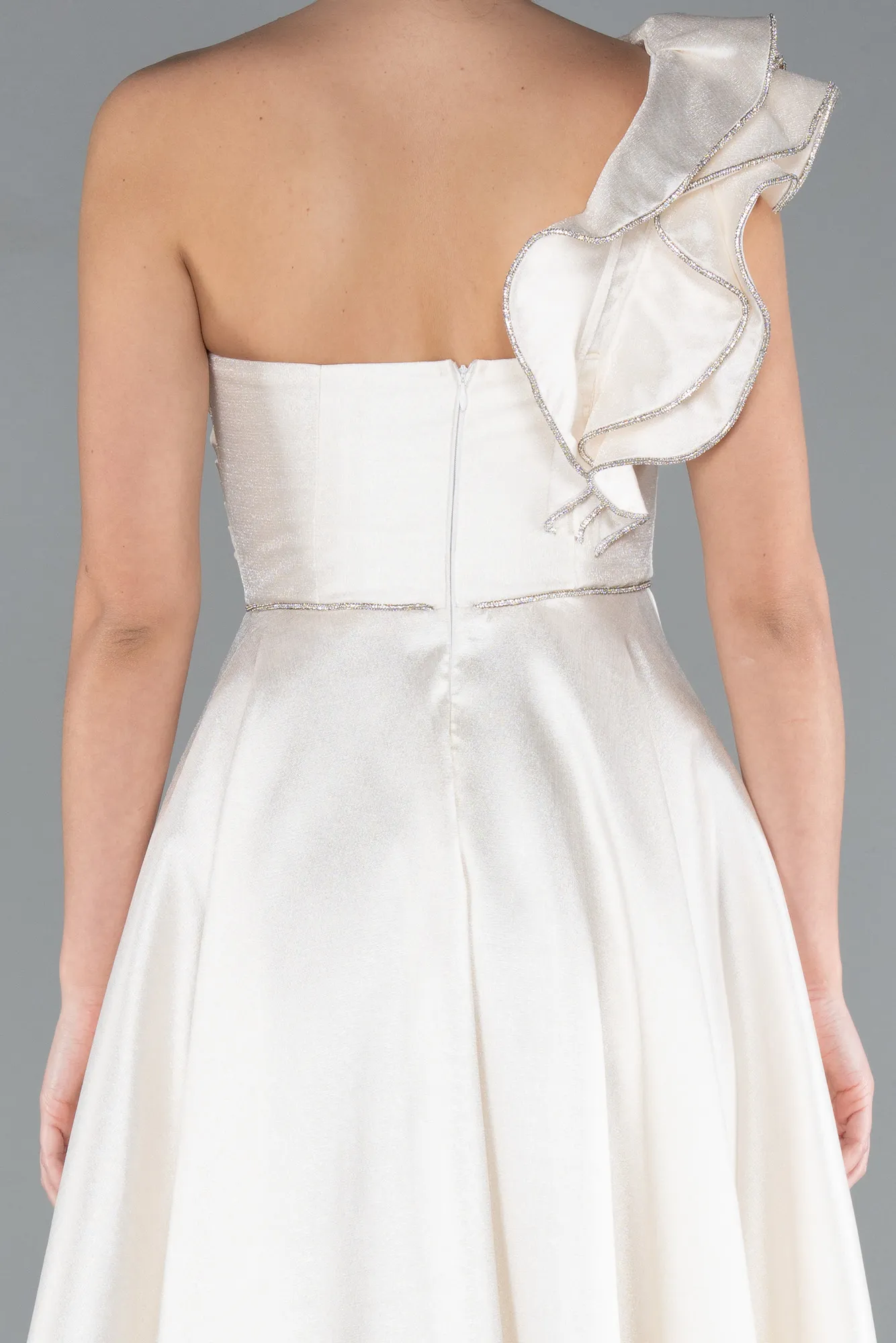 Ecru-One Shoulder High Slit Long Taffeta Prom Evening Dress ABU4782