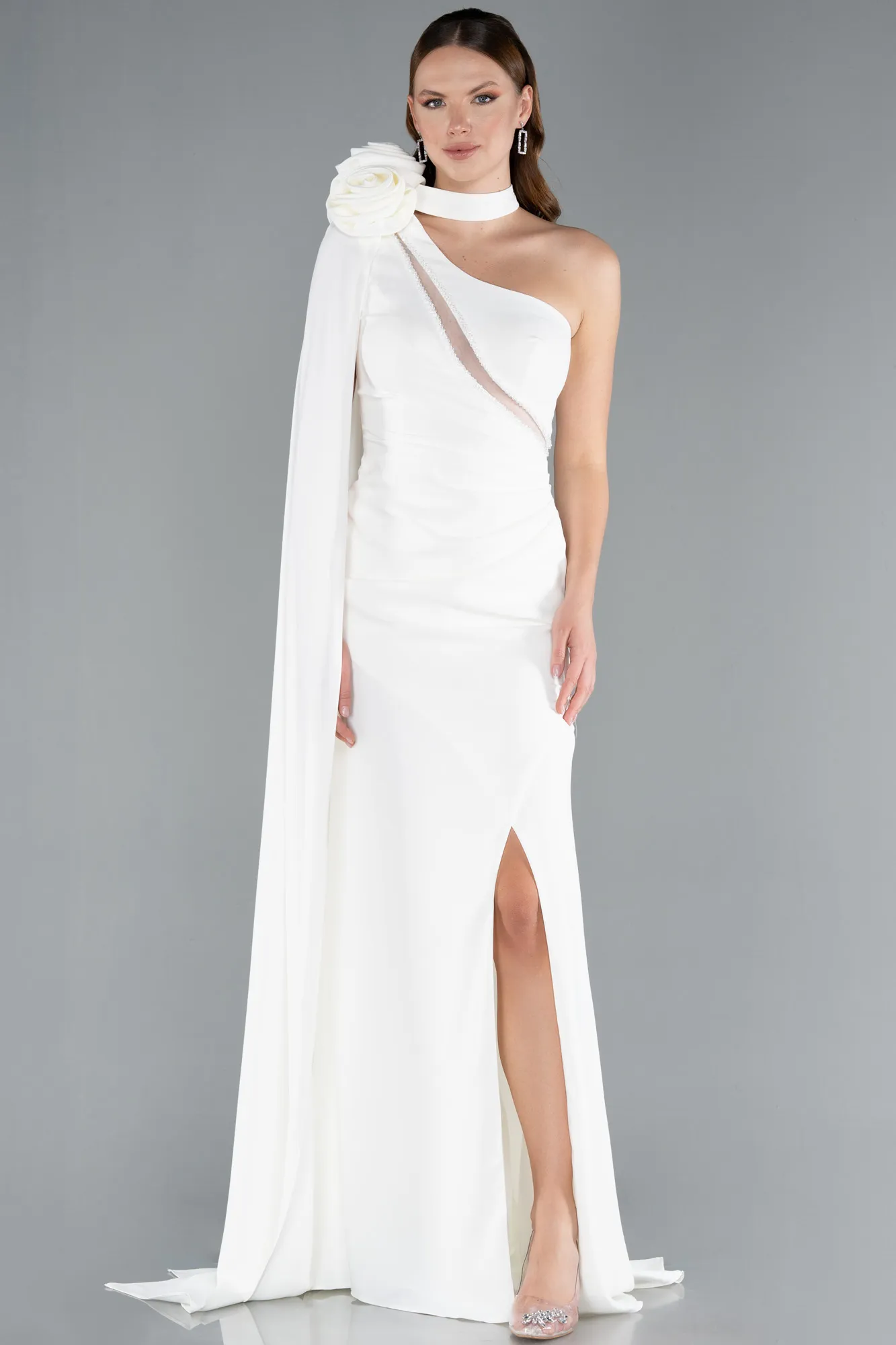 Ecru-One Shoulder Shawl Slit Long Evening Gown ABU4808