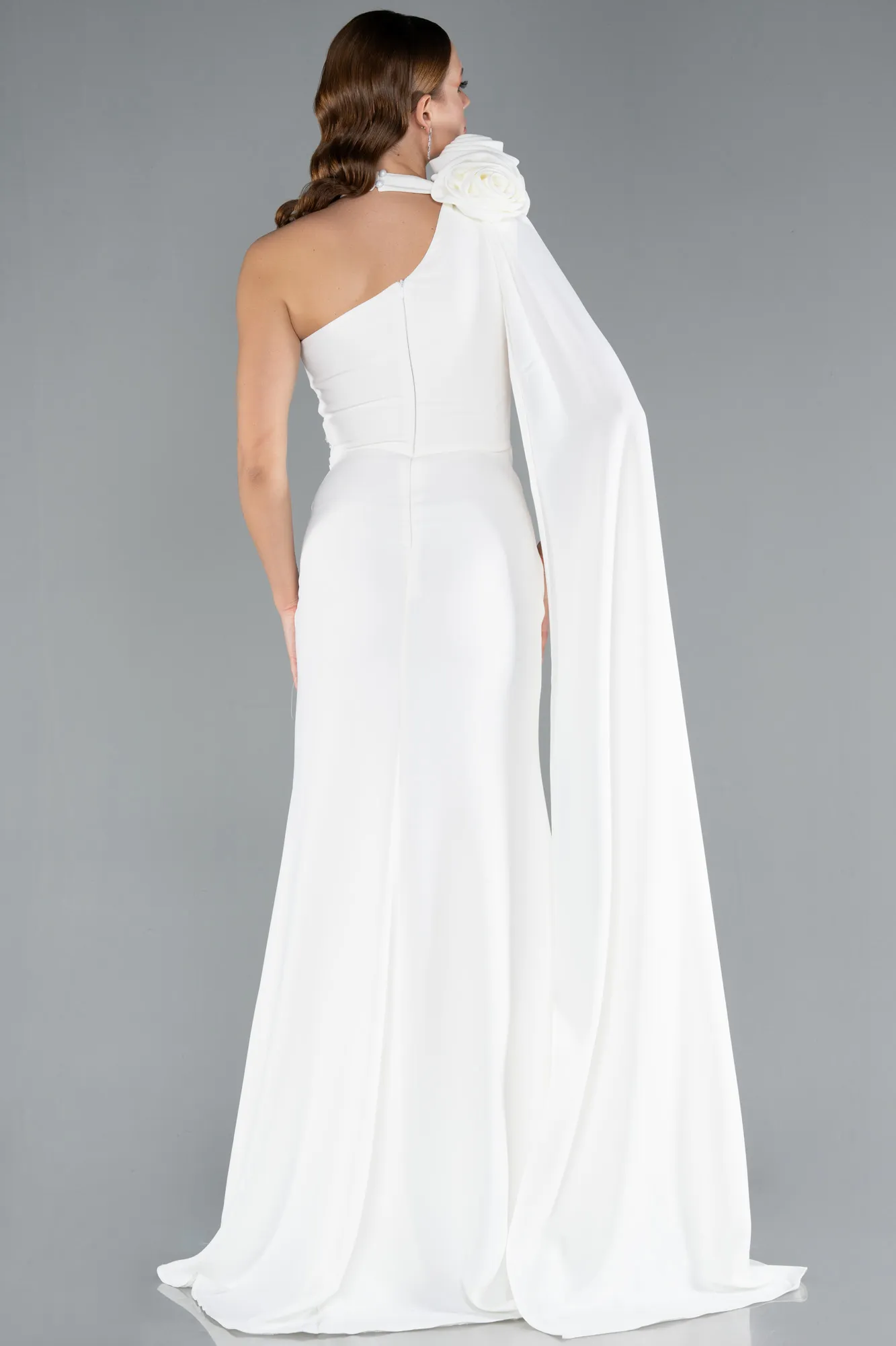 Ecru-One Shoulder Shawl Slit Long Evening Gown ABU4808