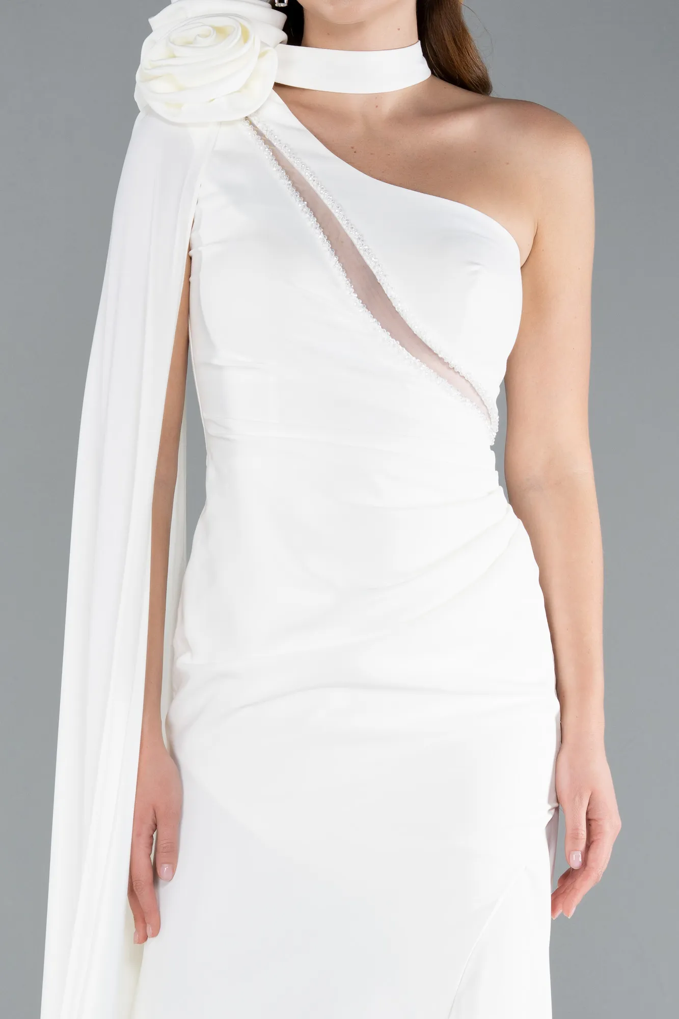 Ecru-One Shoulder Shawl Slit Long Evening Gown ABU4808