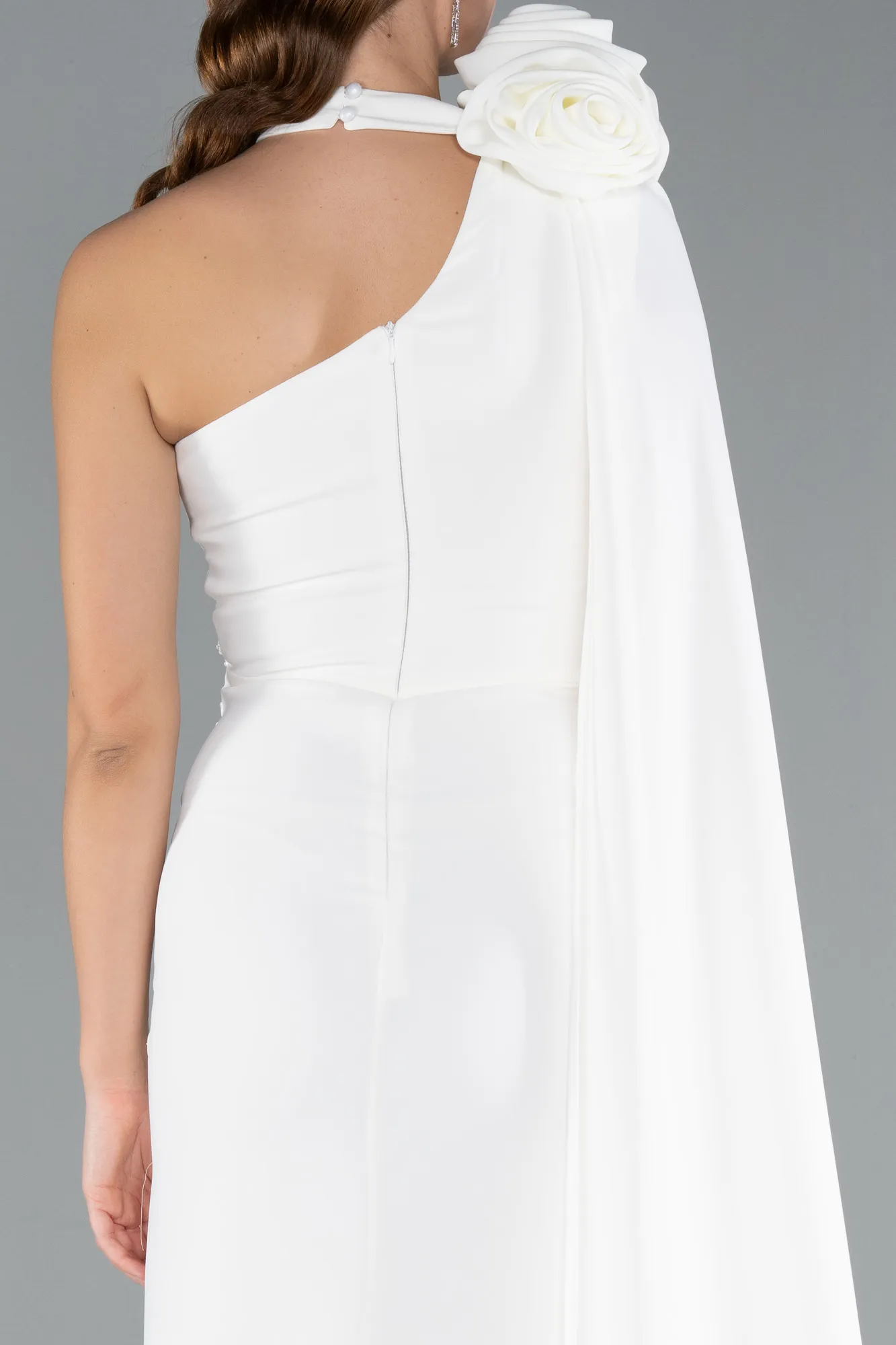 Ecru-One Shoulder Shawl Slit Long Evening Gown ABU4808