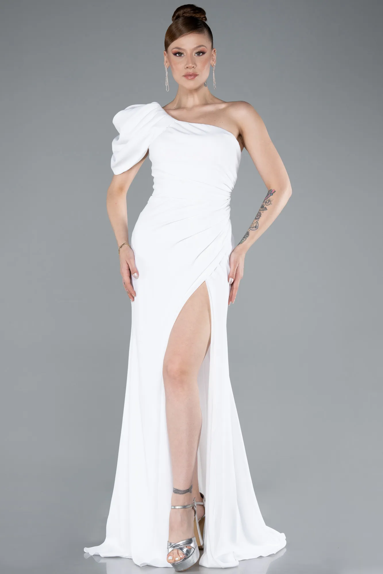 Ecru-One Shoulder Slit Long Chiffon Prom Dress ABU4091