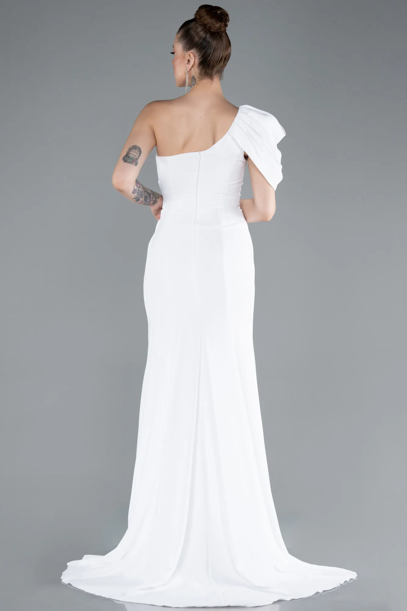 Ecru-One Shoulder Slit Long Chiffon Prom Dress ABU4091