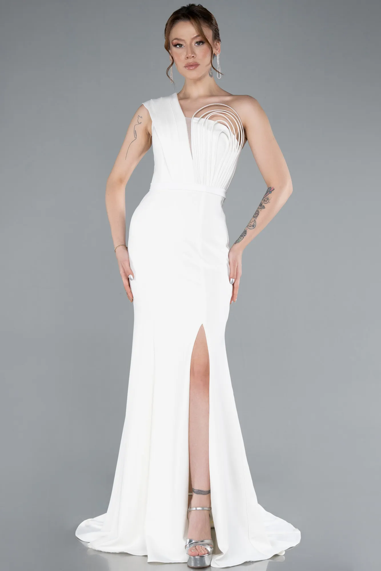 Ecru-One Shoulder Slit Long Evening Gown ABU4793