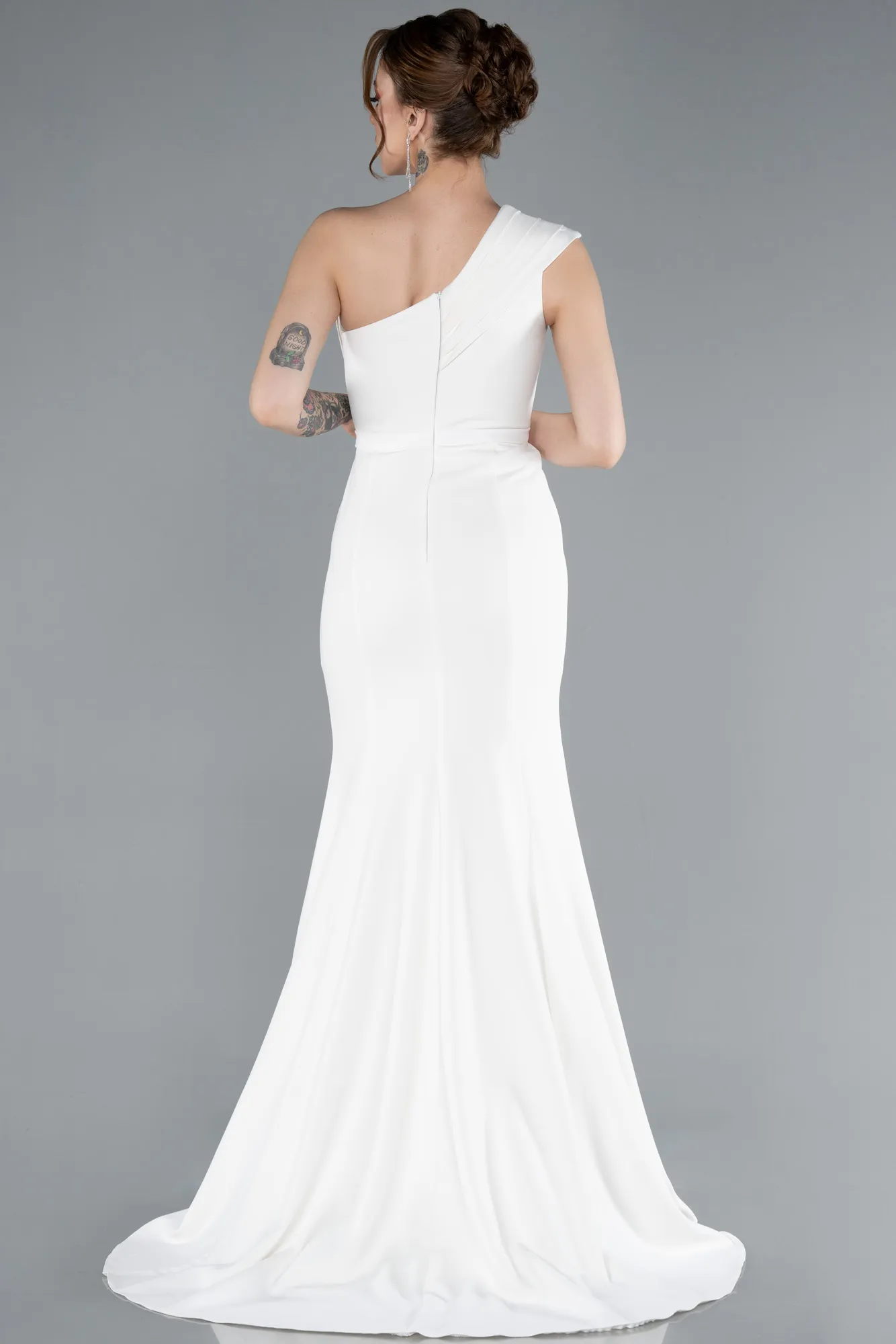 Ecru-One Shoulder Slit Long Evening Gown ABU4793