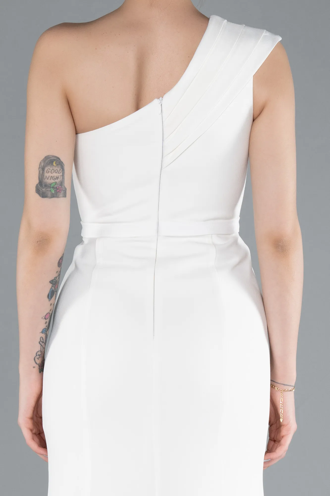 Ecru-One Shoulder Slit Long Evening Gown ABU4793