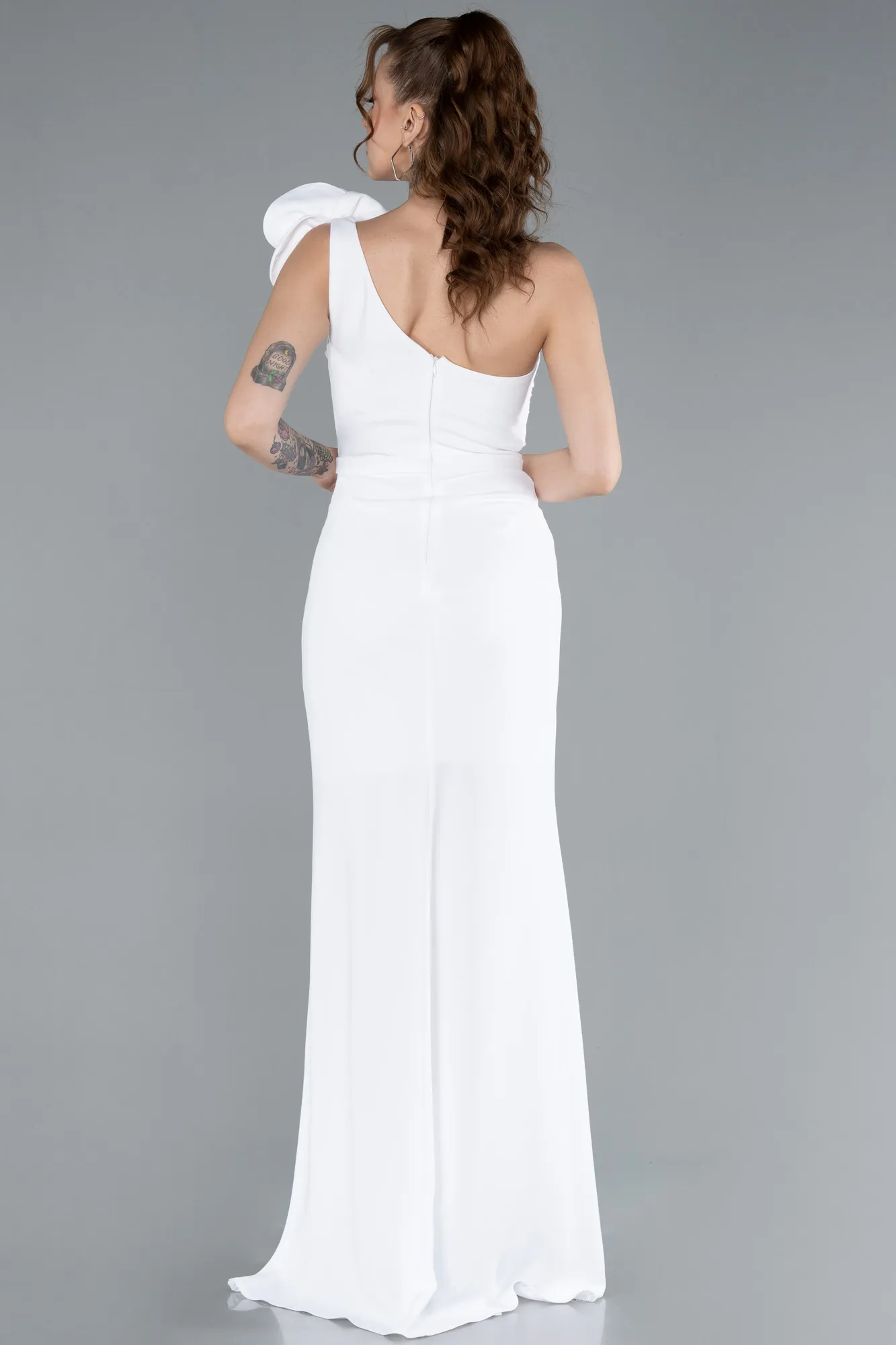 Ecru-Rose One Shoulder Slit Long Evening Gown ABU4695