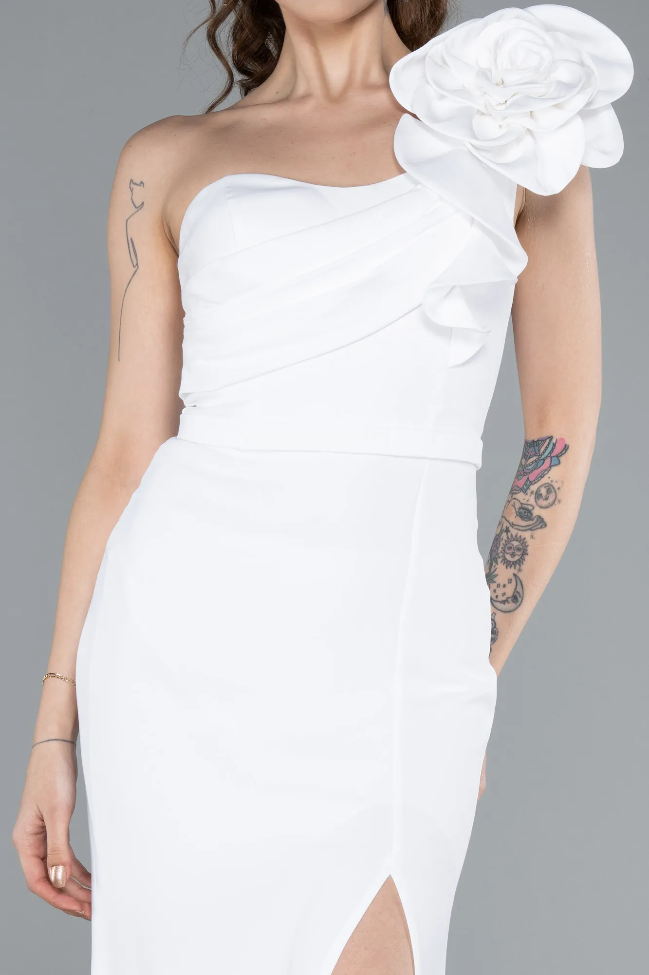 Ecru-Rose One Shoulder Slit Long Evening Gown ABU4695