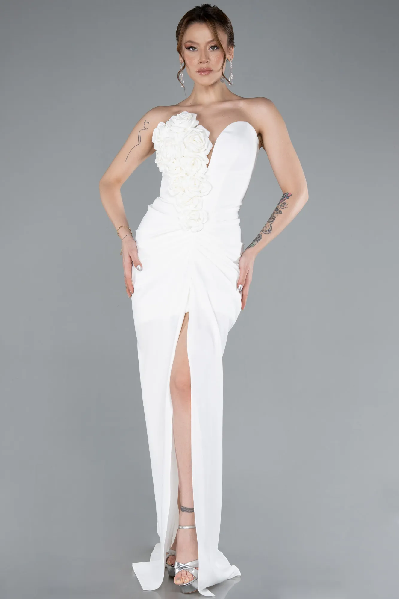 Ecru-Rose Strapless Slit Long Mermaid Evening Gown ABU4800