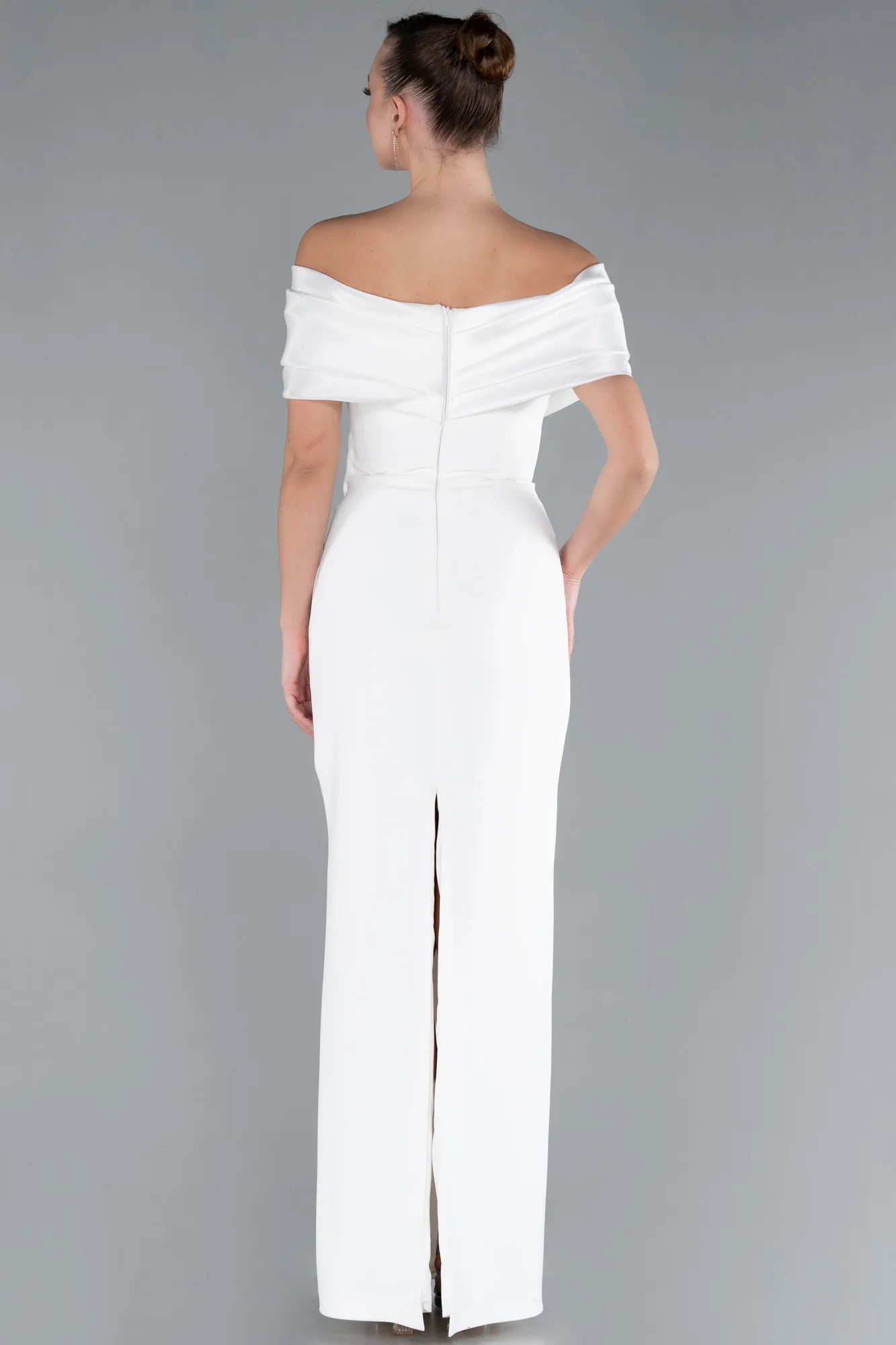 Ecru-Satin Boat Neck Long Mermaid Dress ABU4731