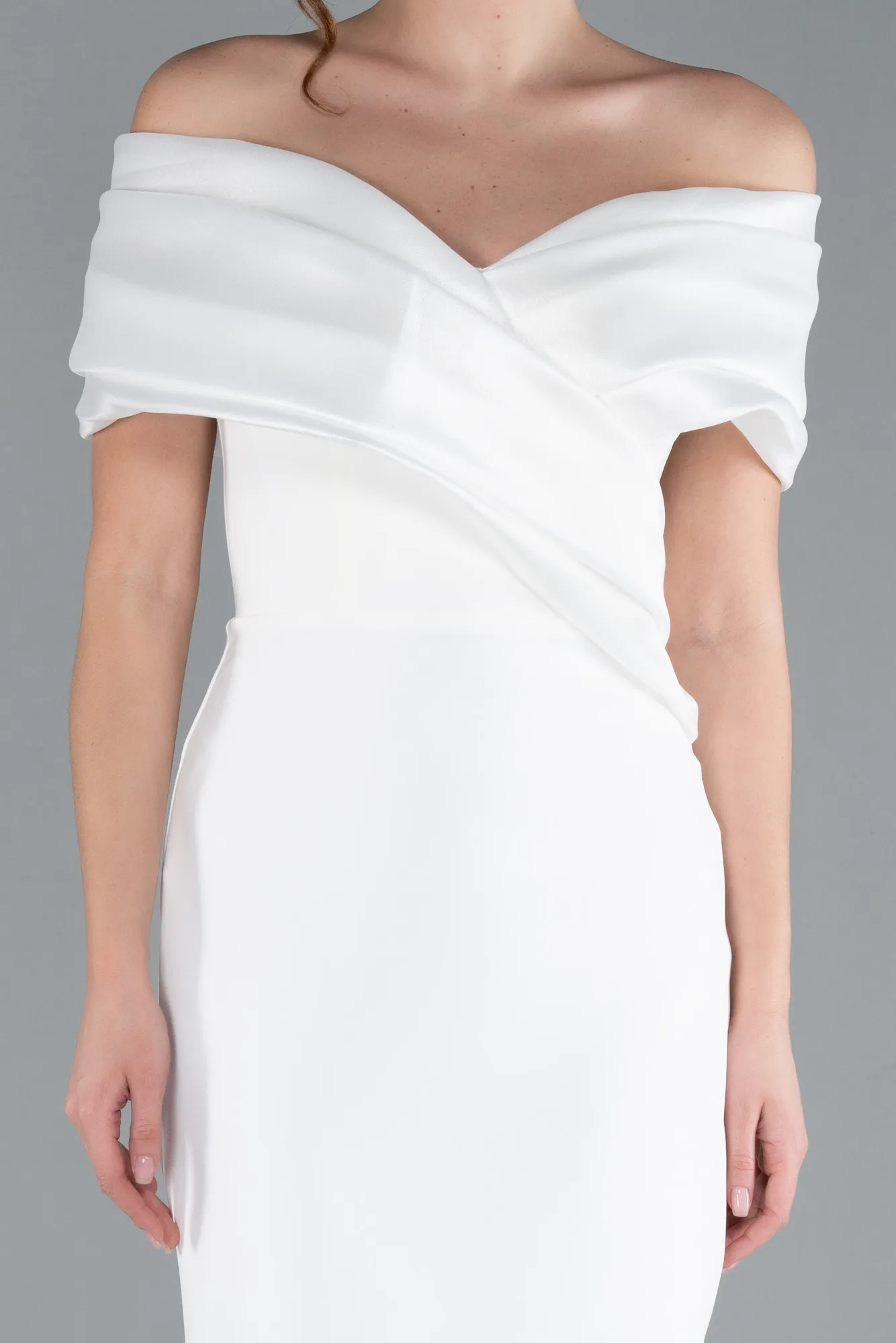 Ecru-Satin Boat Neck Long Mermaid Dress ABU4731