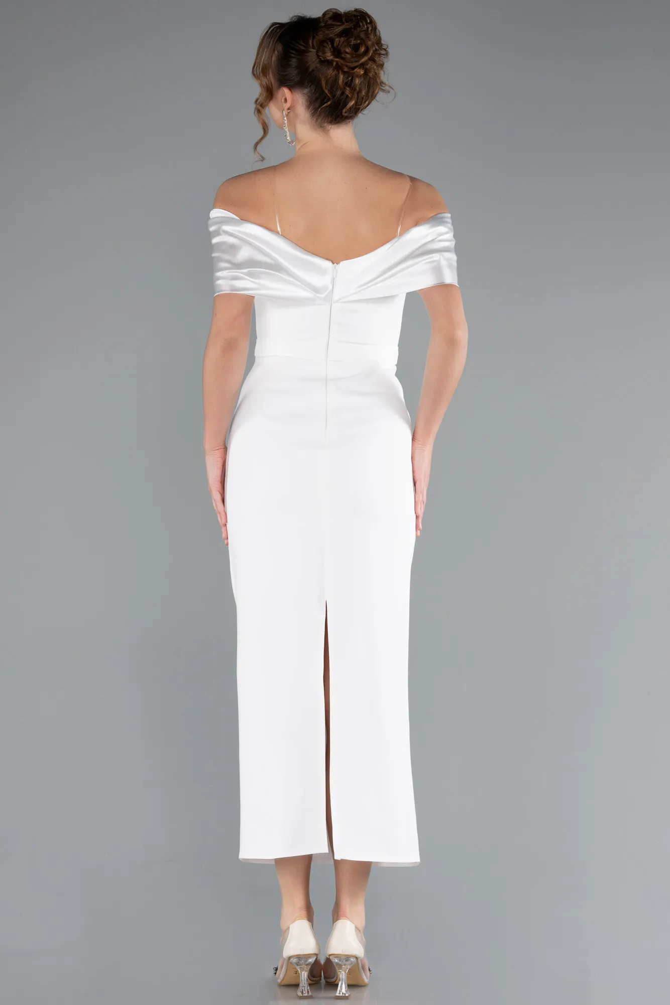 Ecru-Satin Boat Neck Stone Midi Evening Dress ABK2212