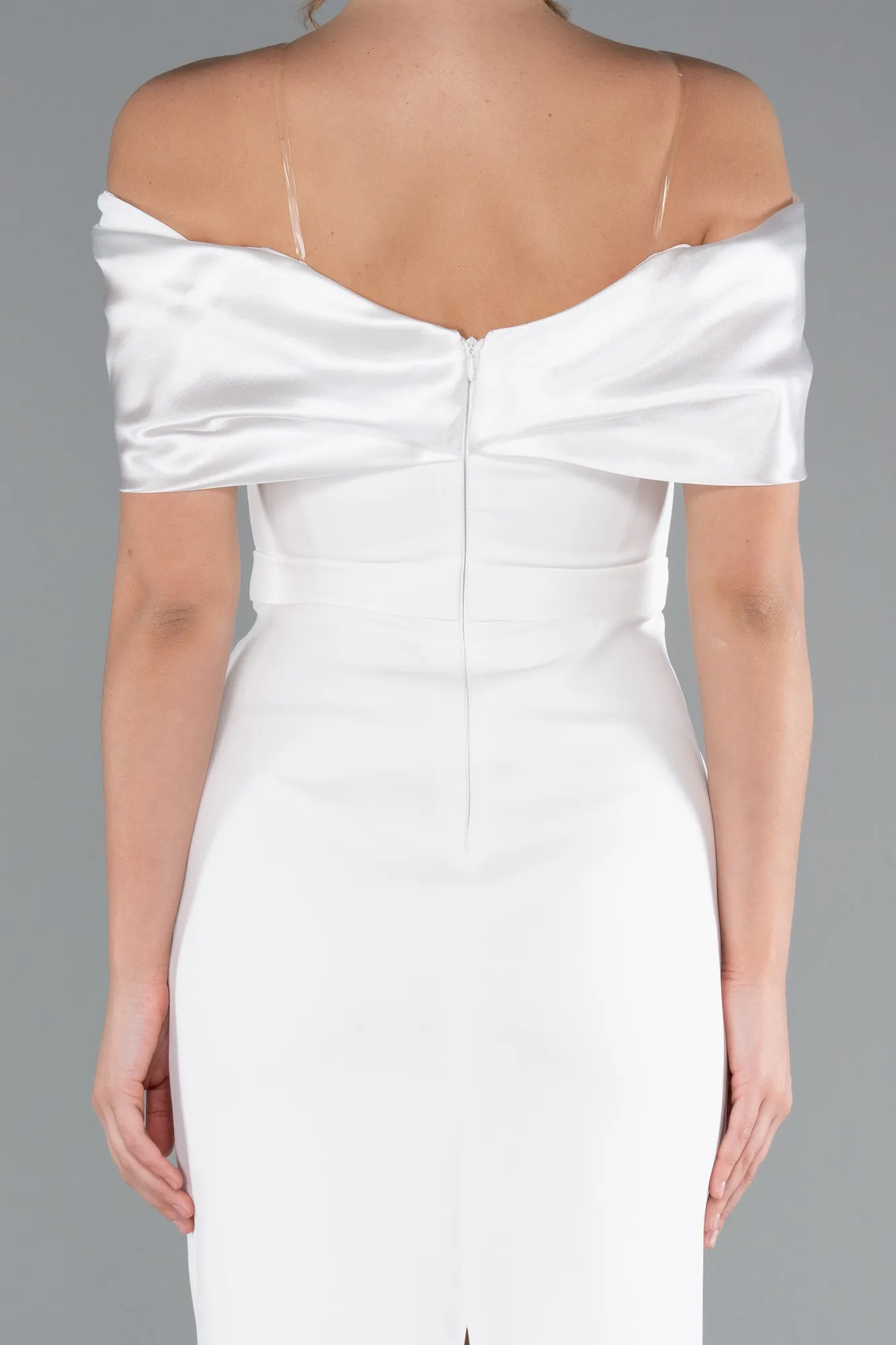 Ecru-Satin Boat Neck Stone Midi Evening Dress ABK2212