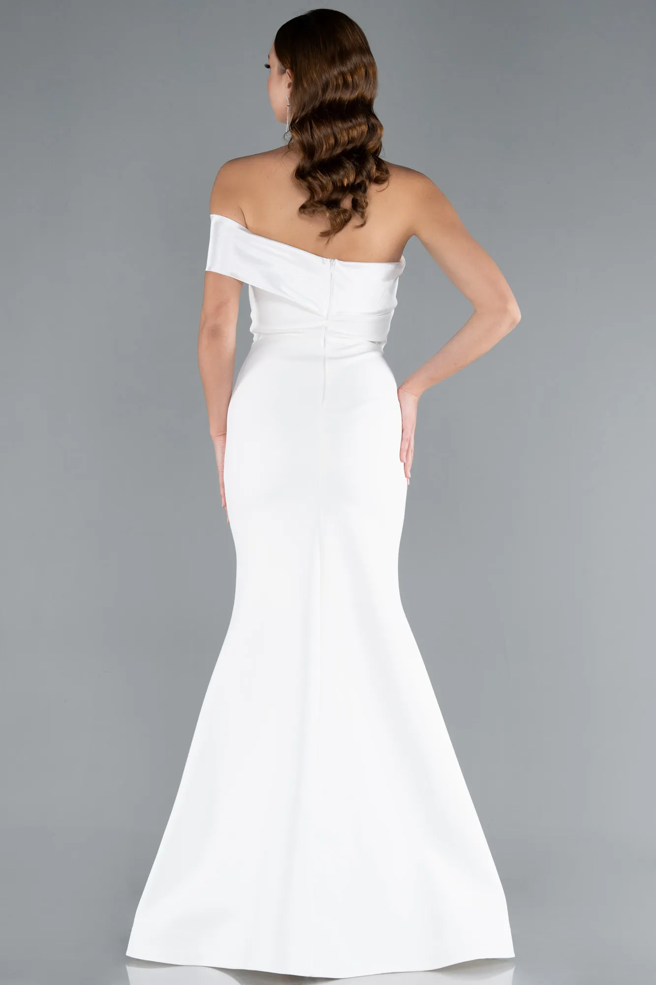 Ecru-Satin One Shoulder Long Mermaid Evening Gown ABU4832