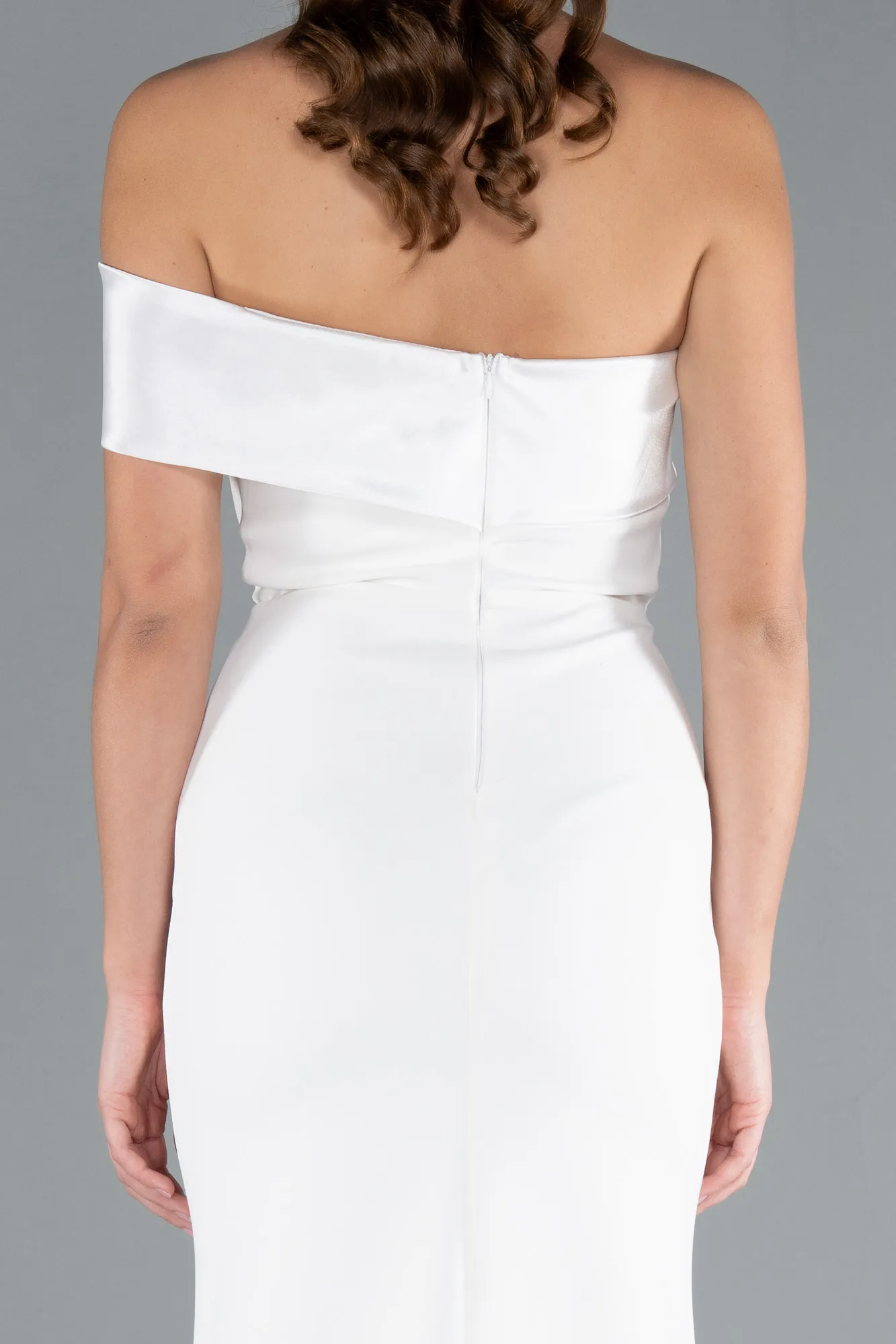 Ecru-Satin One Shoulder Long Mermaid Evening Gown ABU4832