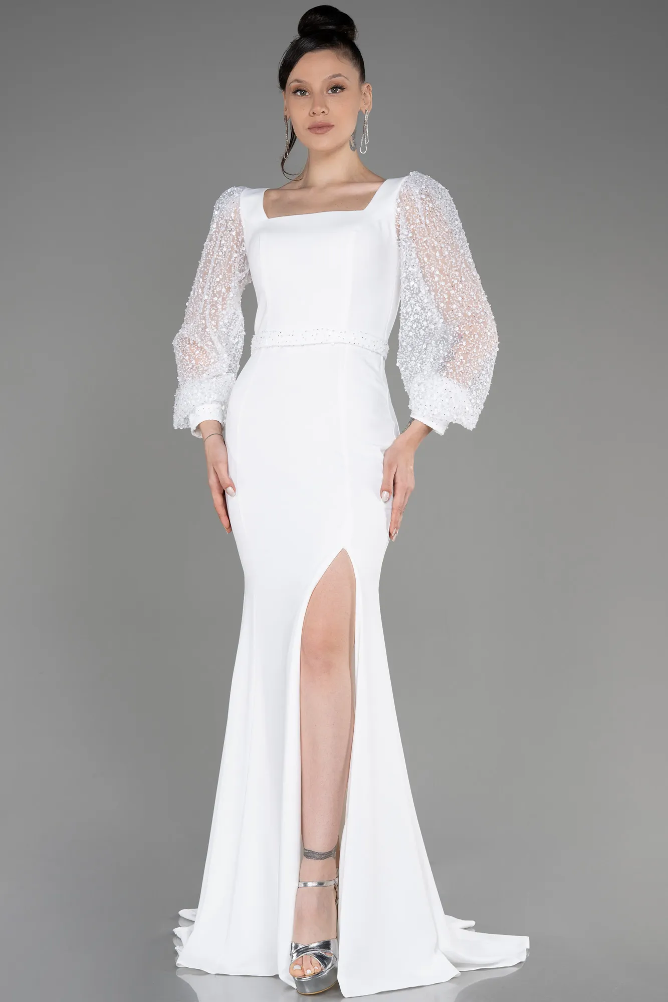 Ecru-Scaly Long Sleeve Slit Evening Dress ABU3852