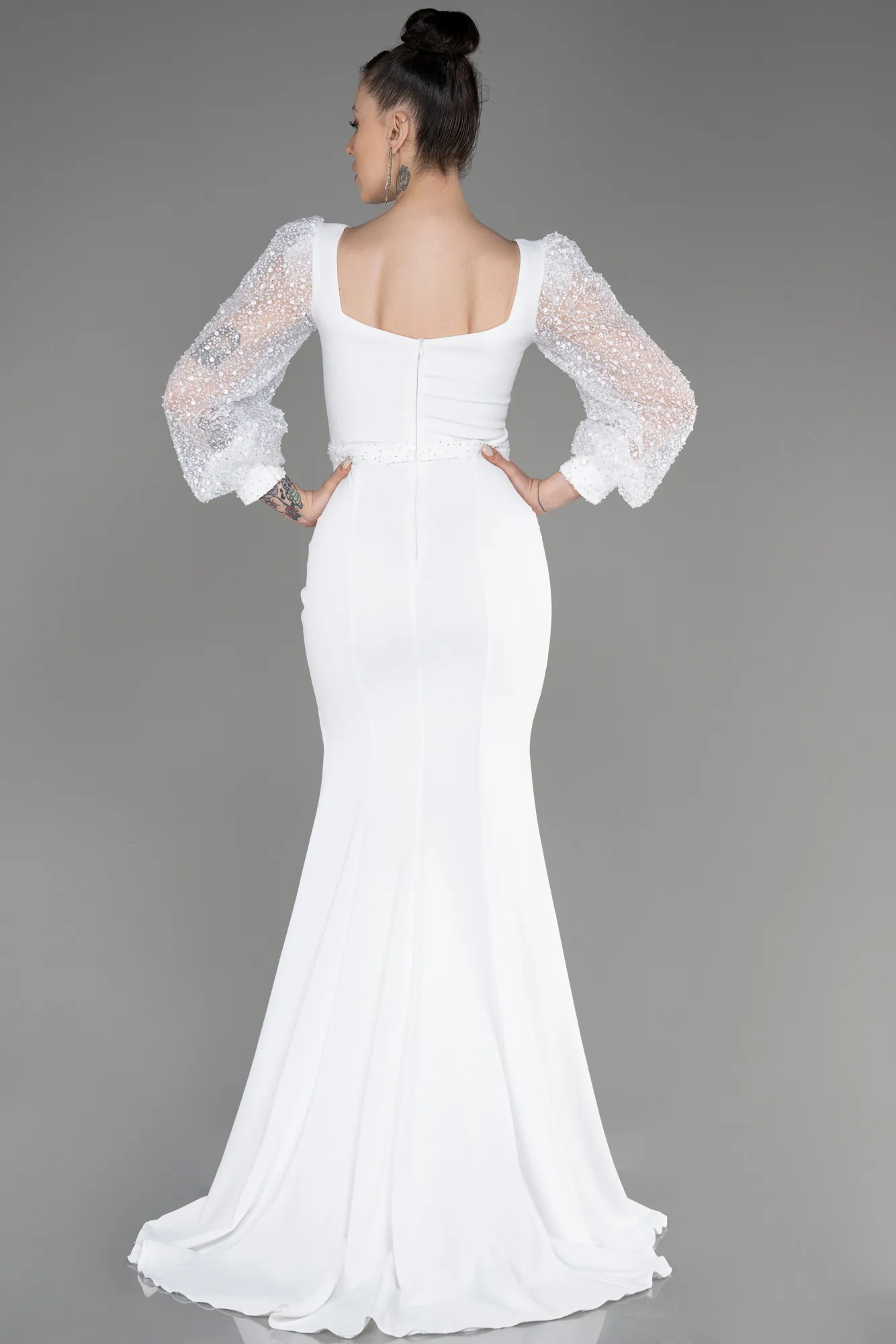 Ecru-Scaly Long Sleeve Slit Evening Dress ABU3852