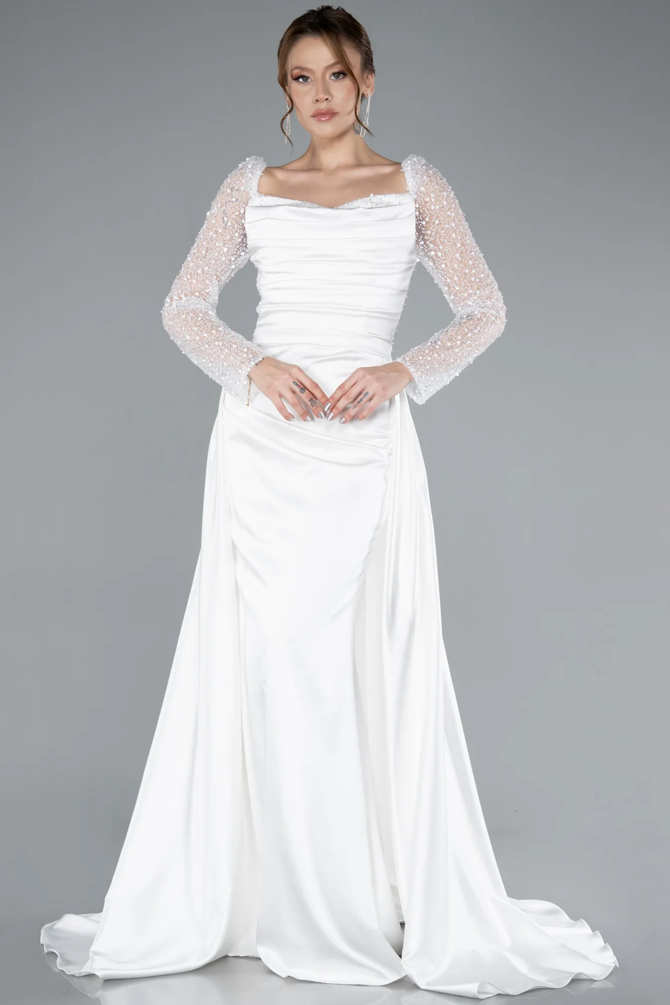 Ecru-Sequin Long Sleeves Tail Satin Mermaid Evening Gown ABU4332