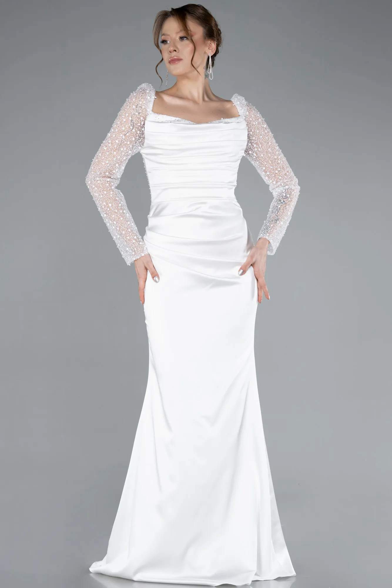 Ecru-Sequin Long Sleeves Tail Satin Mermaid Evening Gown ABU4332