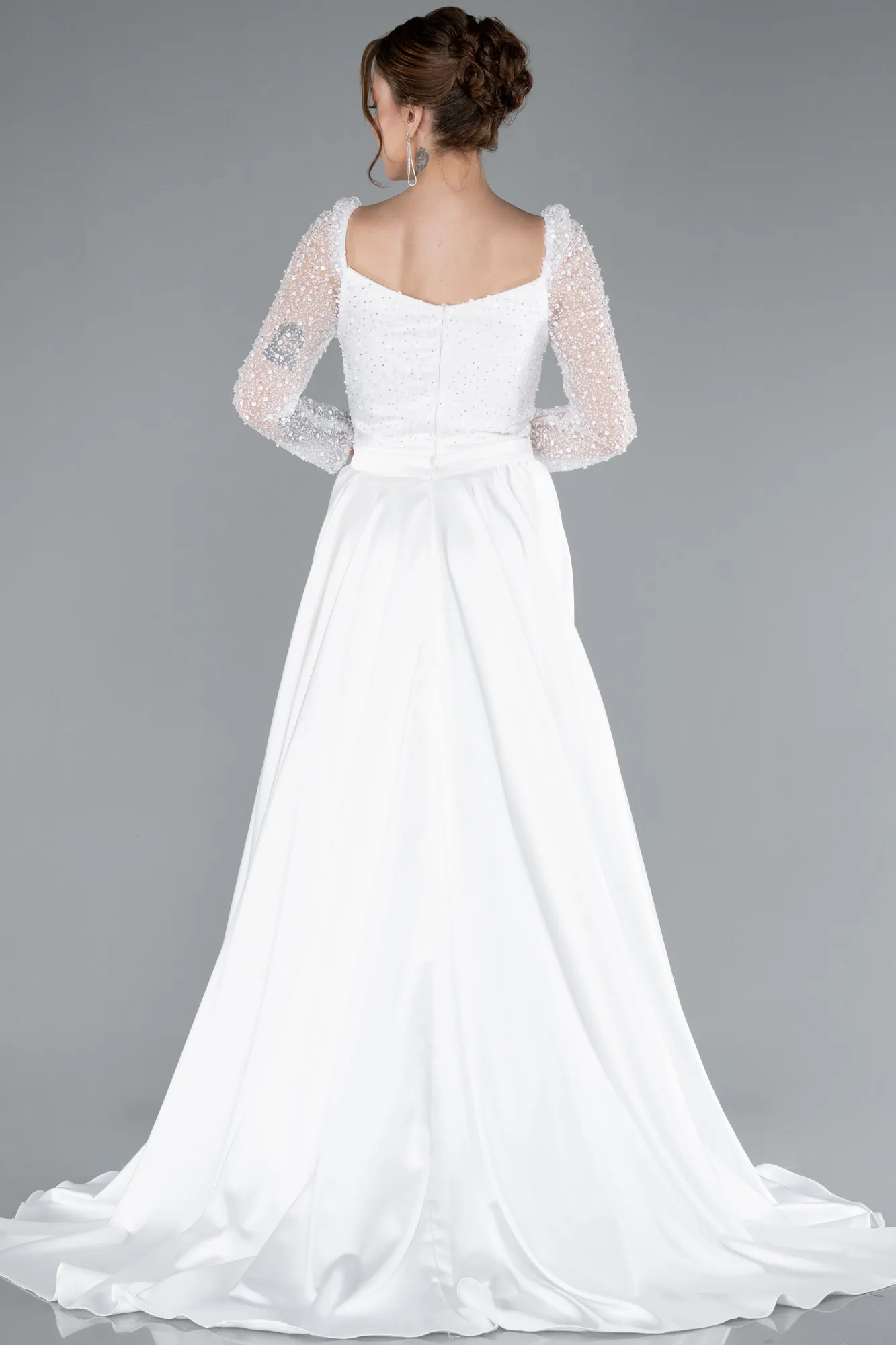 Ecru-Sequin Long Sleeves Tail Satin Mermaid Evening Gown ABU4332