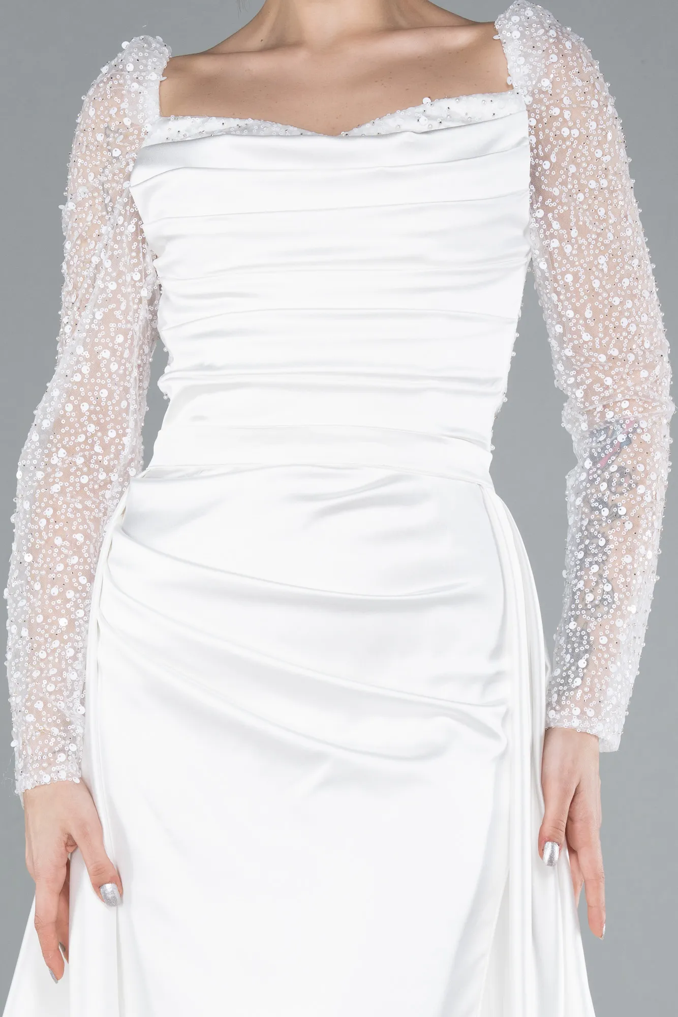 Ecru-Sequin Long Sleeves Tail Satin Mermaid Evening Gown ABU4332