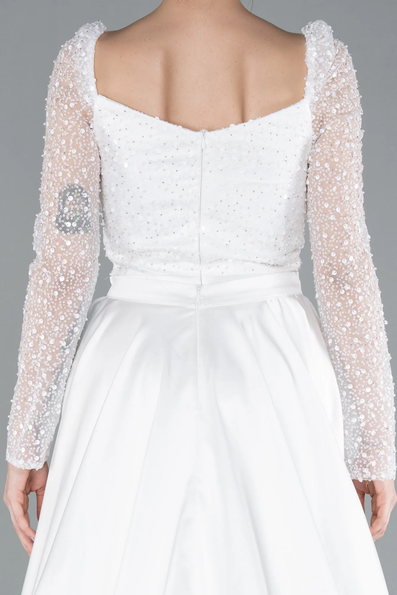 Ecru-Sequin Long Sleeves Tail Satin Mermaid Evening Gown ABU4332