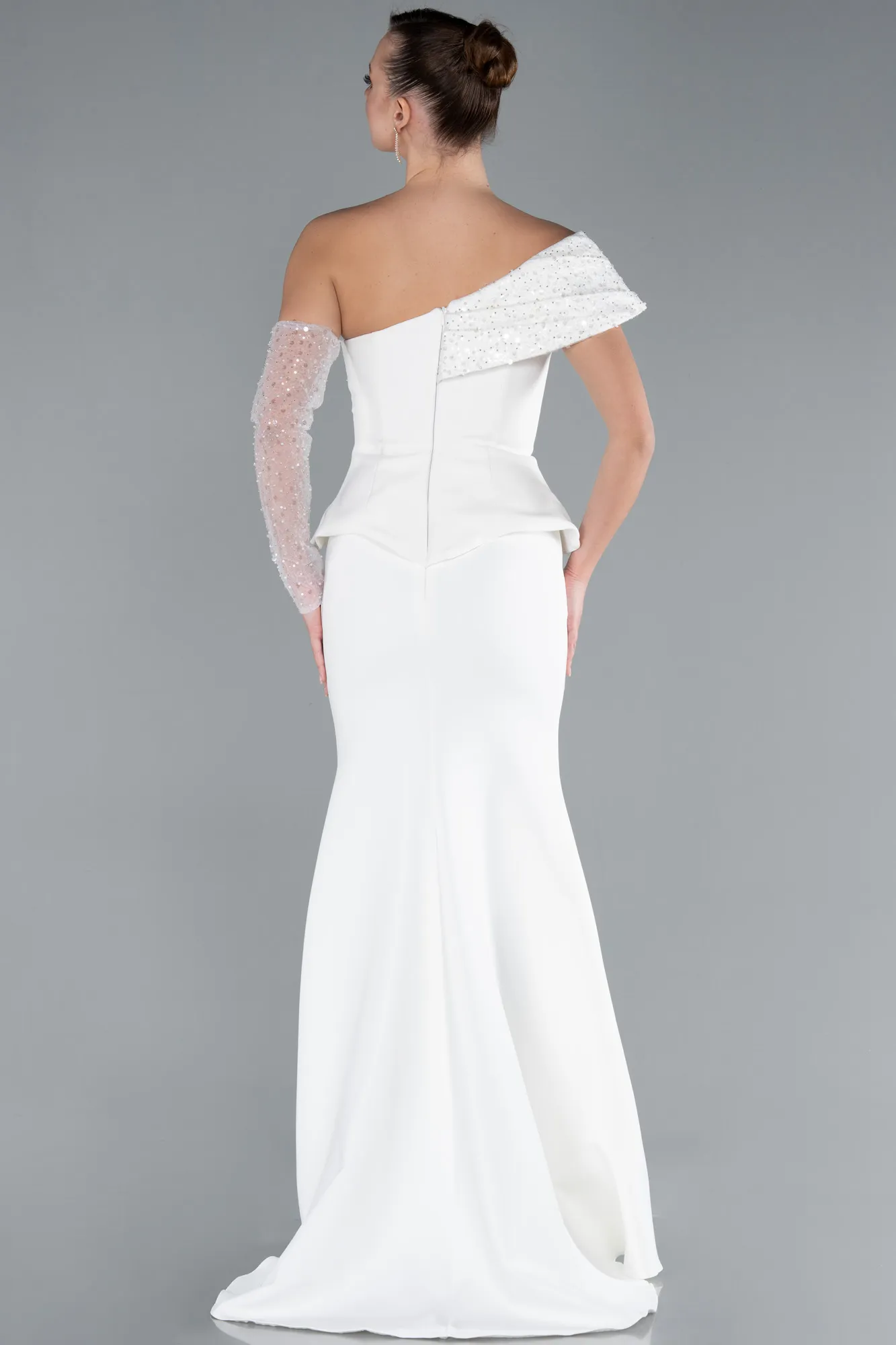 Ecru-Sequined One Shoulder Peplum Long Evening Gown ABU4730