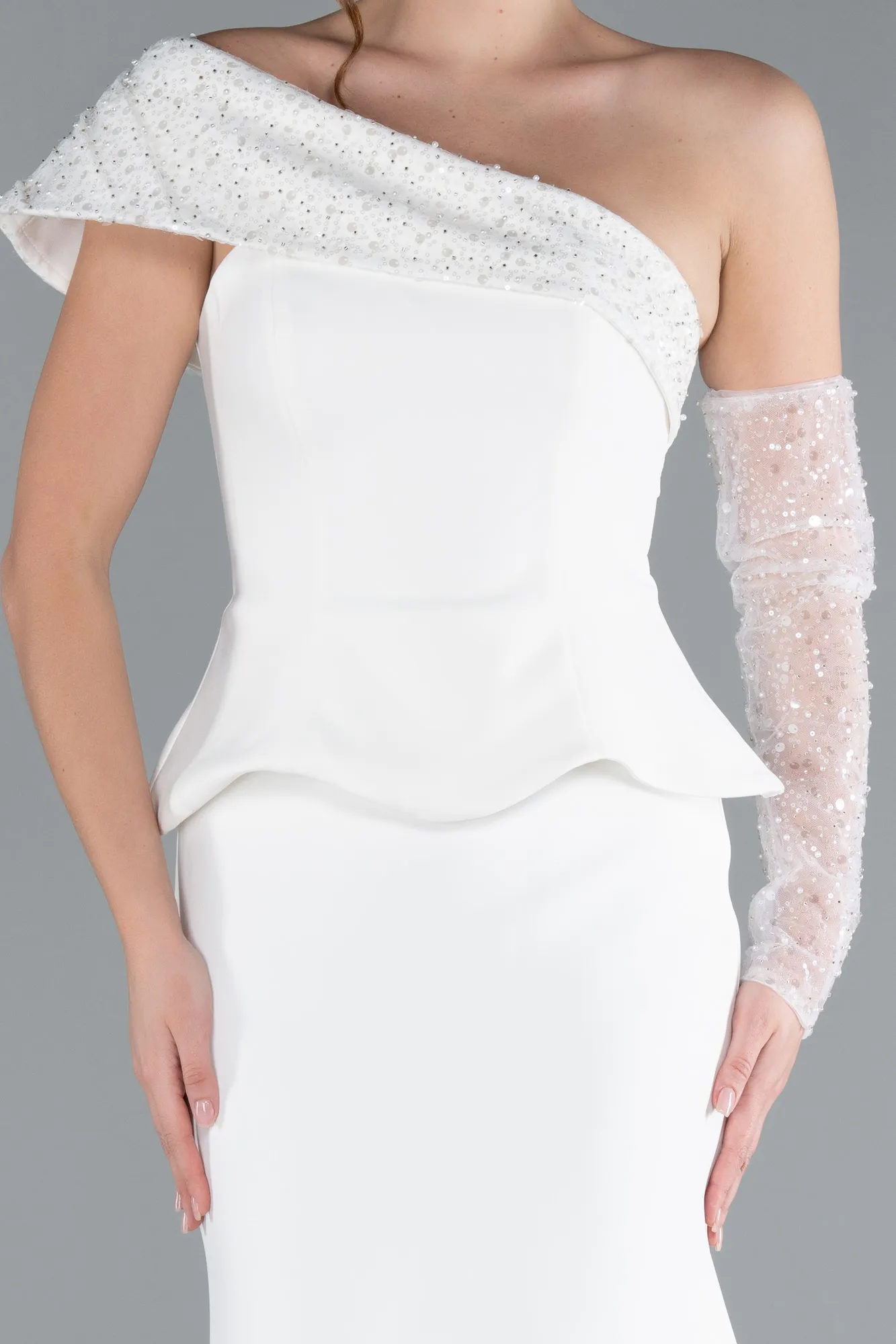 Ecru-Sequined One Shoulder Peplum Long Evening Gown ABU4730