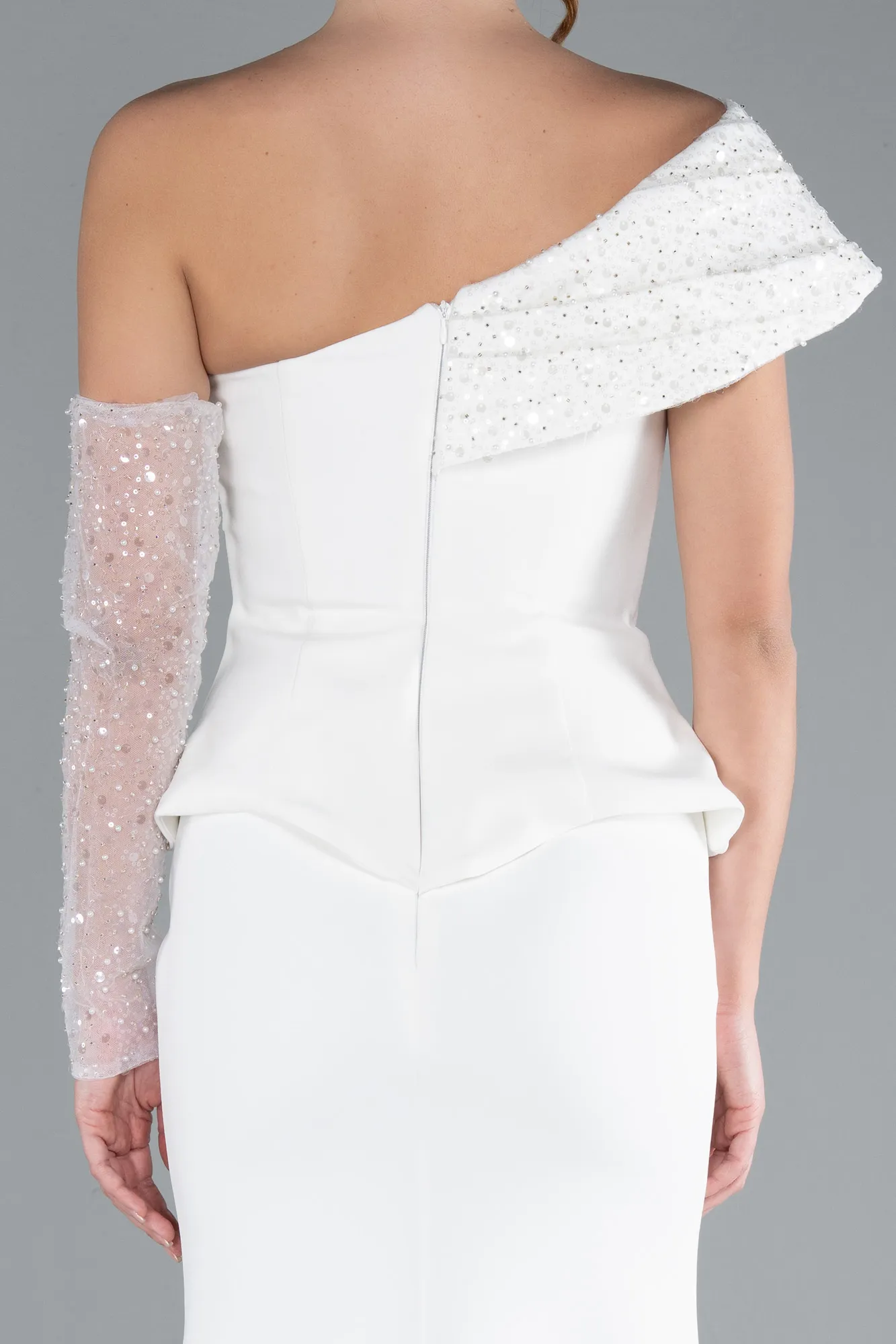 Ecru-Sequined One Shoulder Peplum Long Evening Gown ABU4730