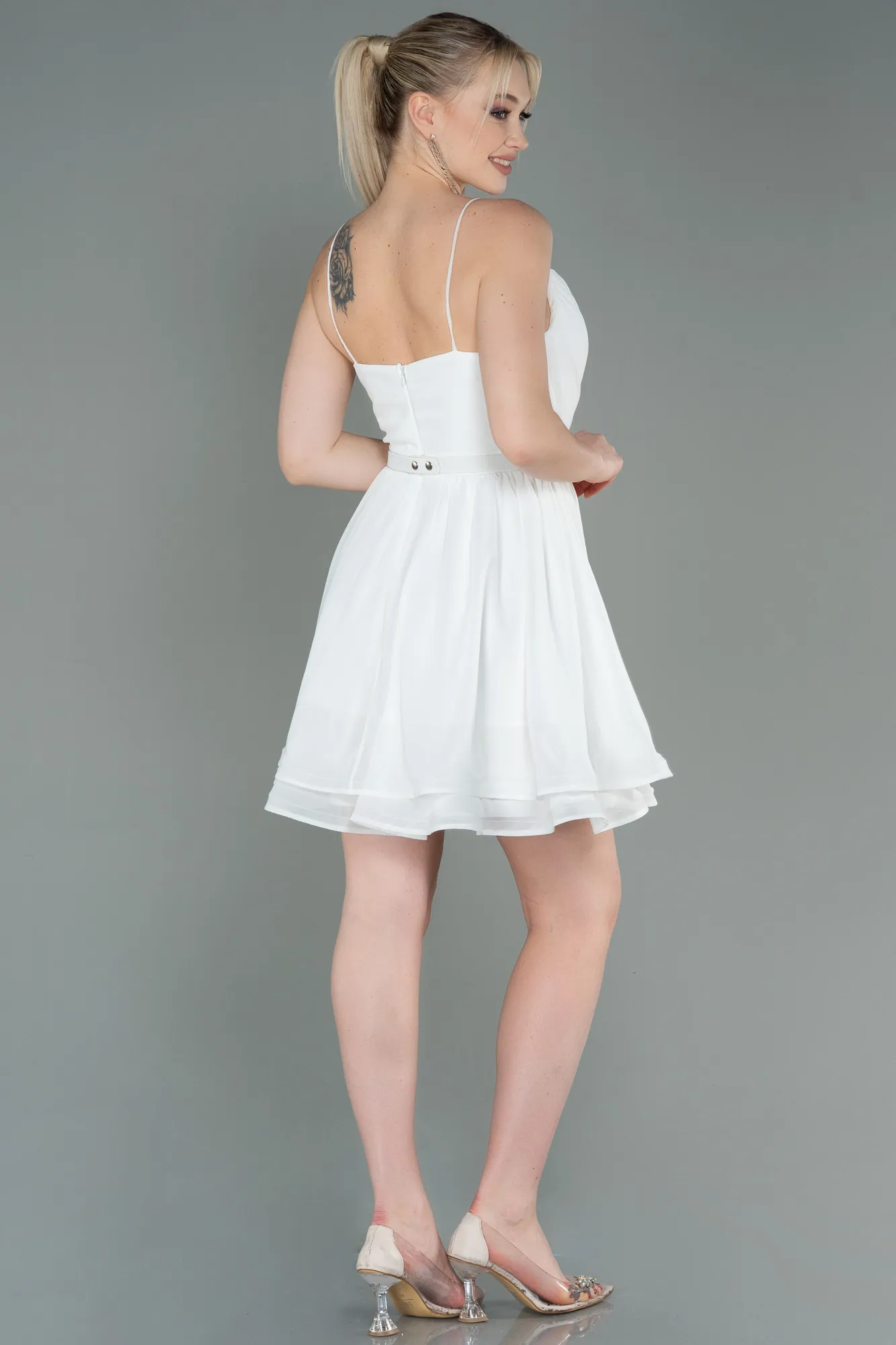 Ecru-Short Chiffon Evening Dress ABK1787