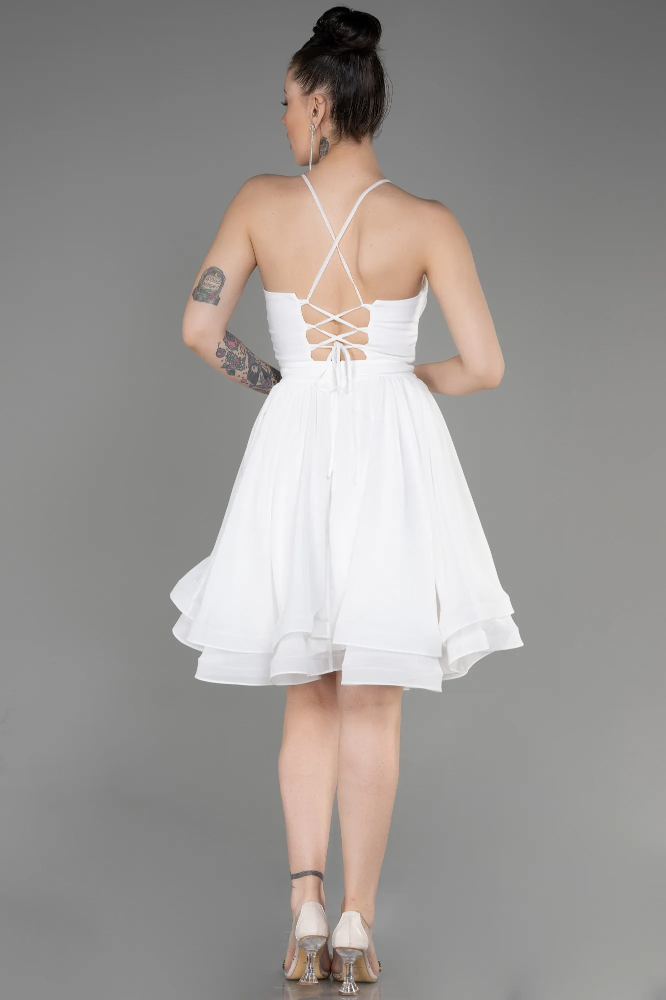 Ecru-Short Chiffon Evening Dress ABK1984