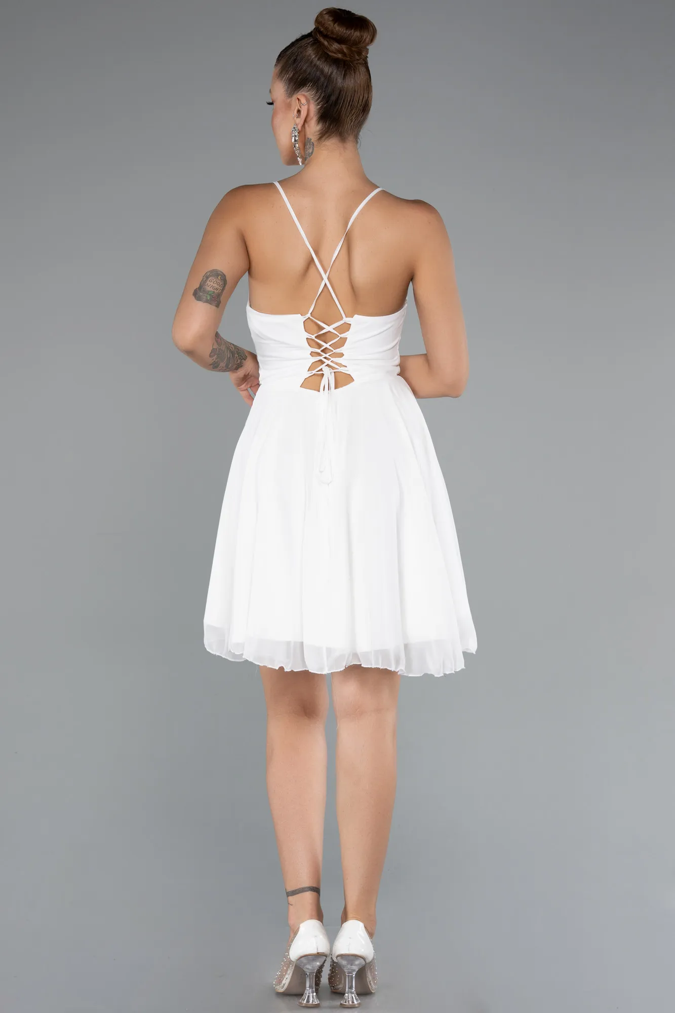Ecru-Short Chiffon Party Dress ABK2352
