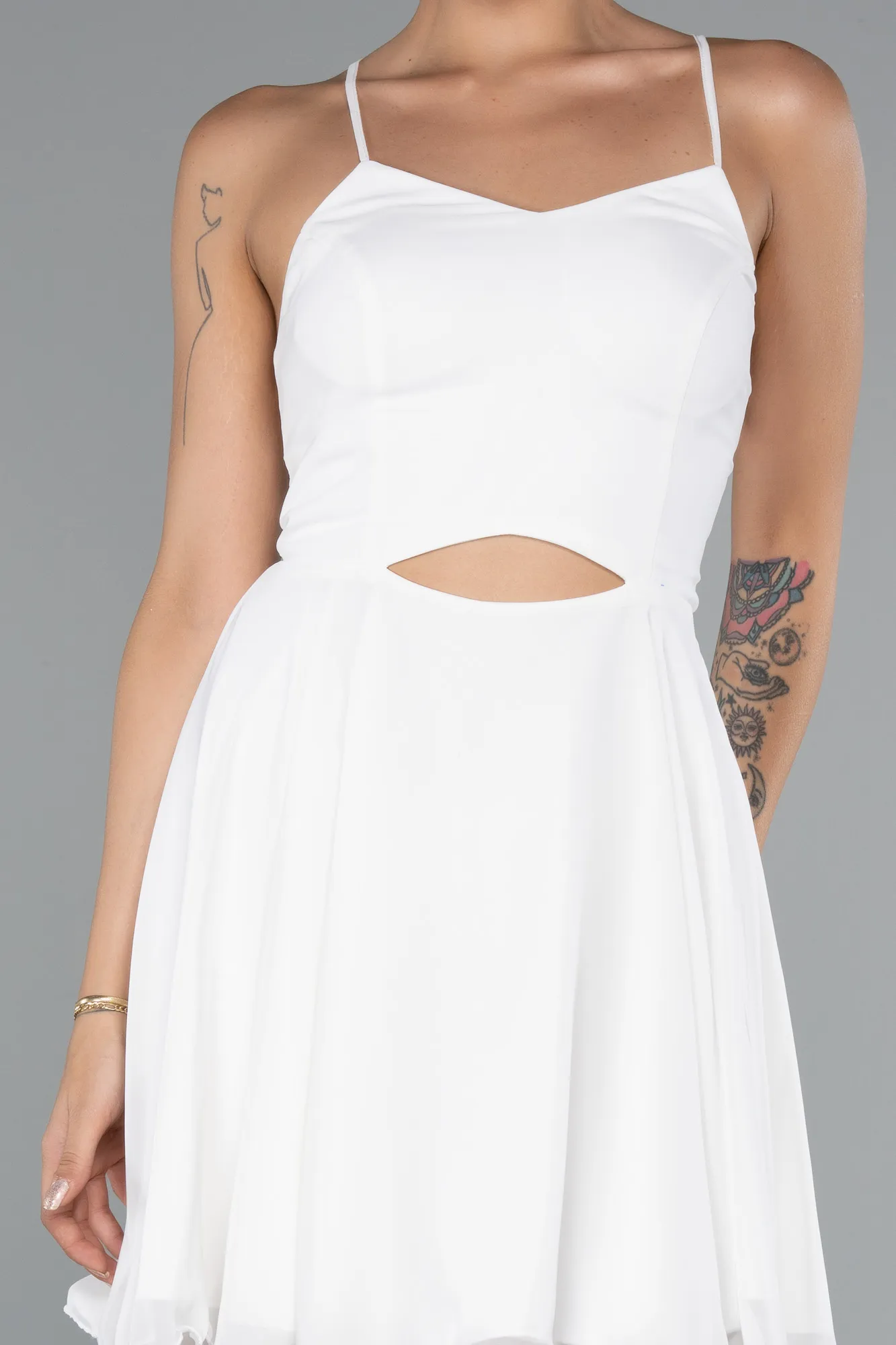 Ecru-Short Chiffon Party Dress ABK2352