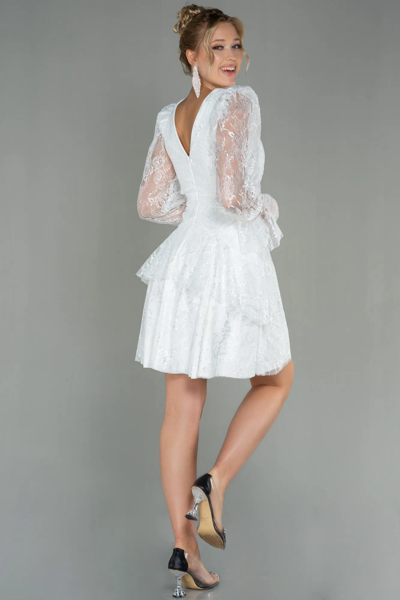 Ecru-Short Dantelle Invitation Dress ABK1699