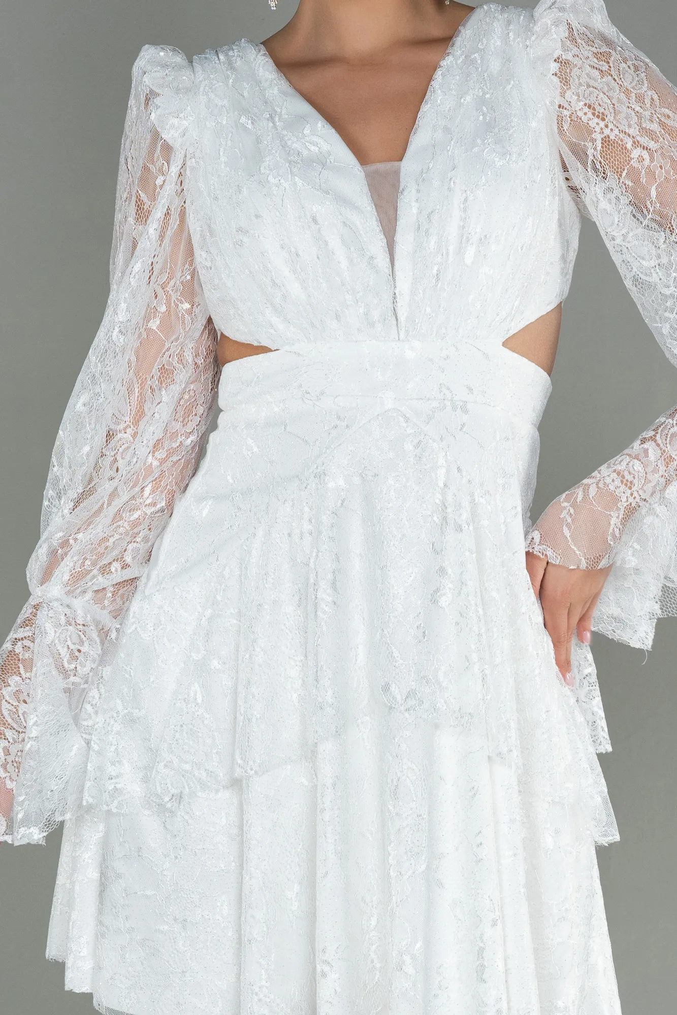 Ecru-Short Dantelle Invitation Dress ABK1699