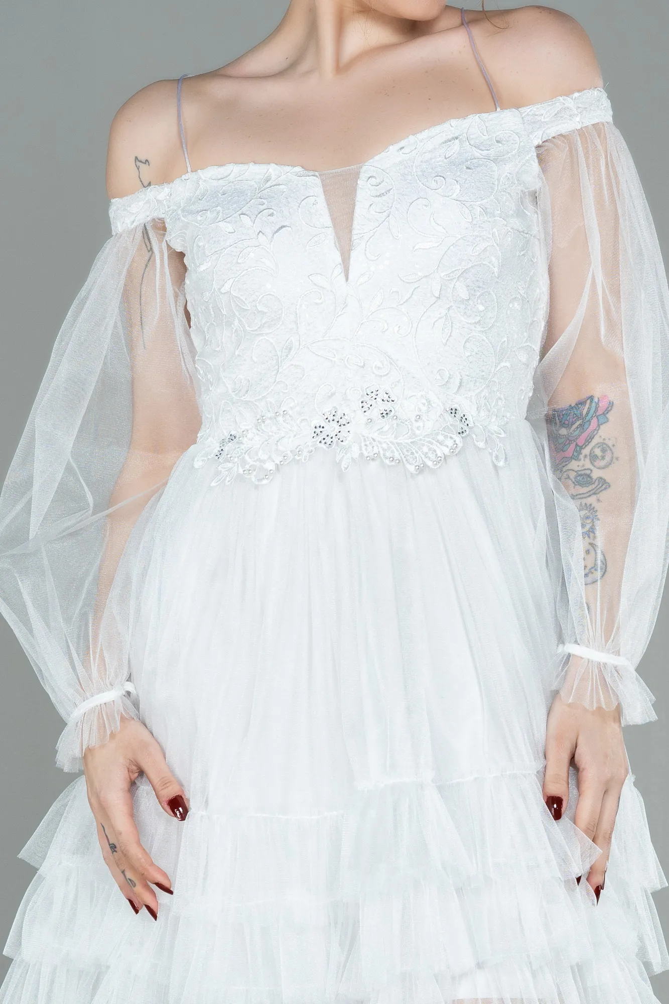 Ecru-Short Invitation Dress ABK992