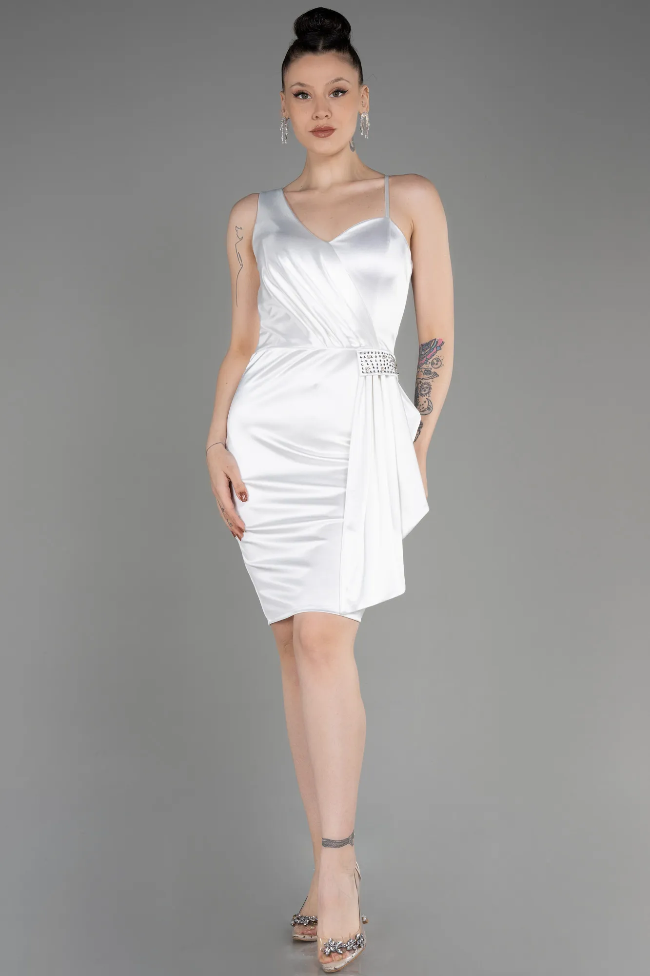 Ecru-Short Satin Cocktail Dress ABK2024
