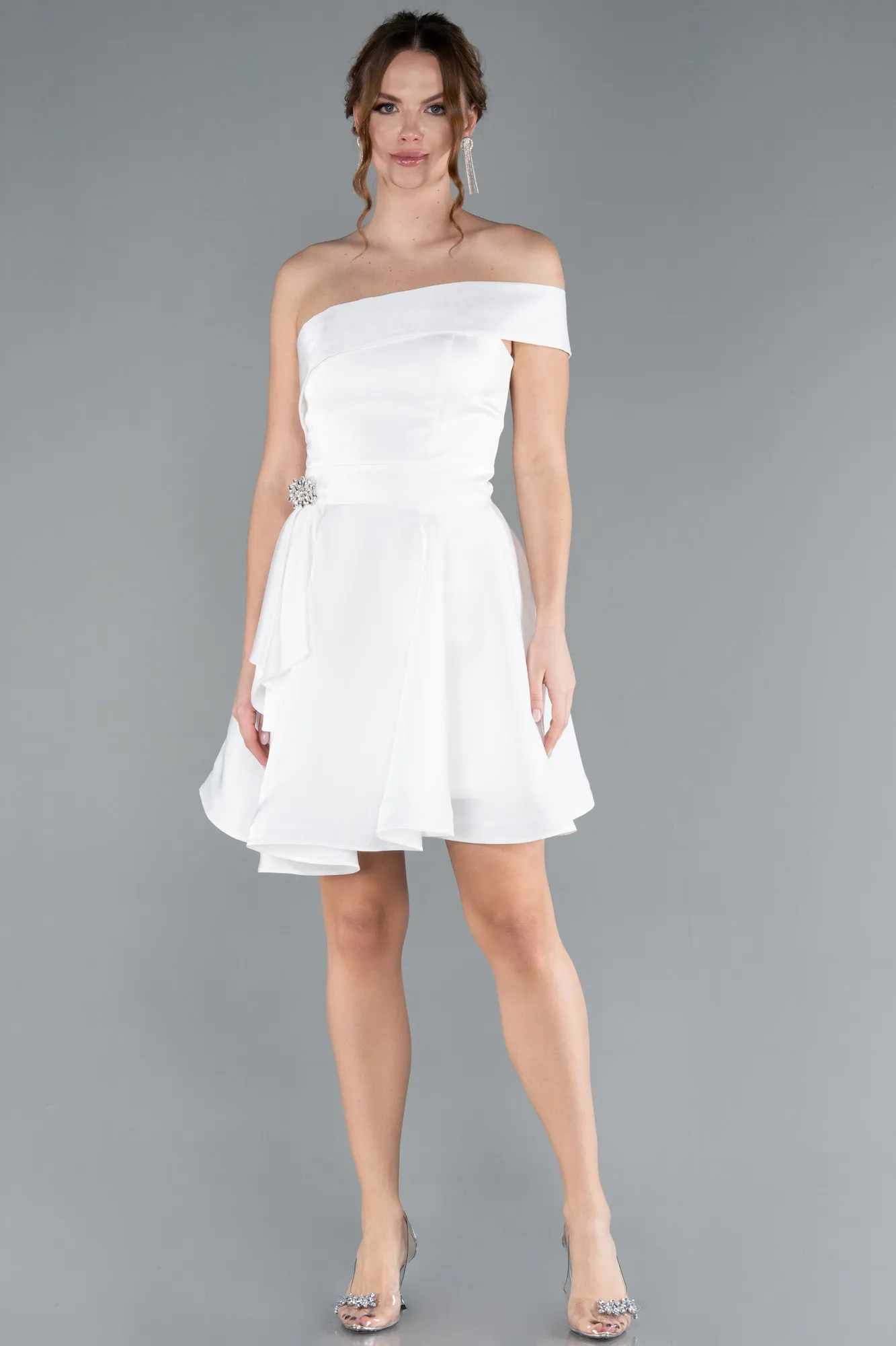 Ecru-Short Satin Cocktail Dress ABK2237