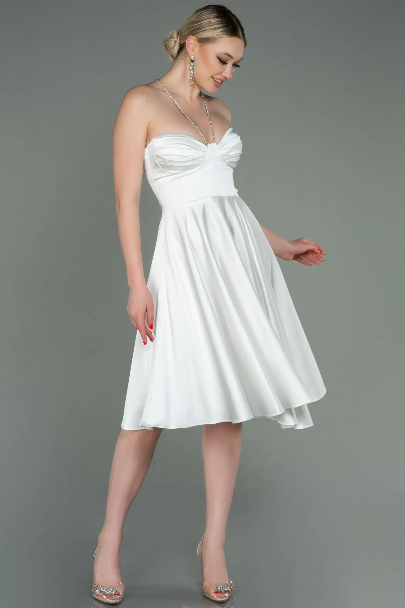 Ecru-Short Satin Invitation Dress ABK1734