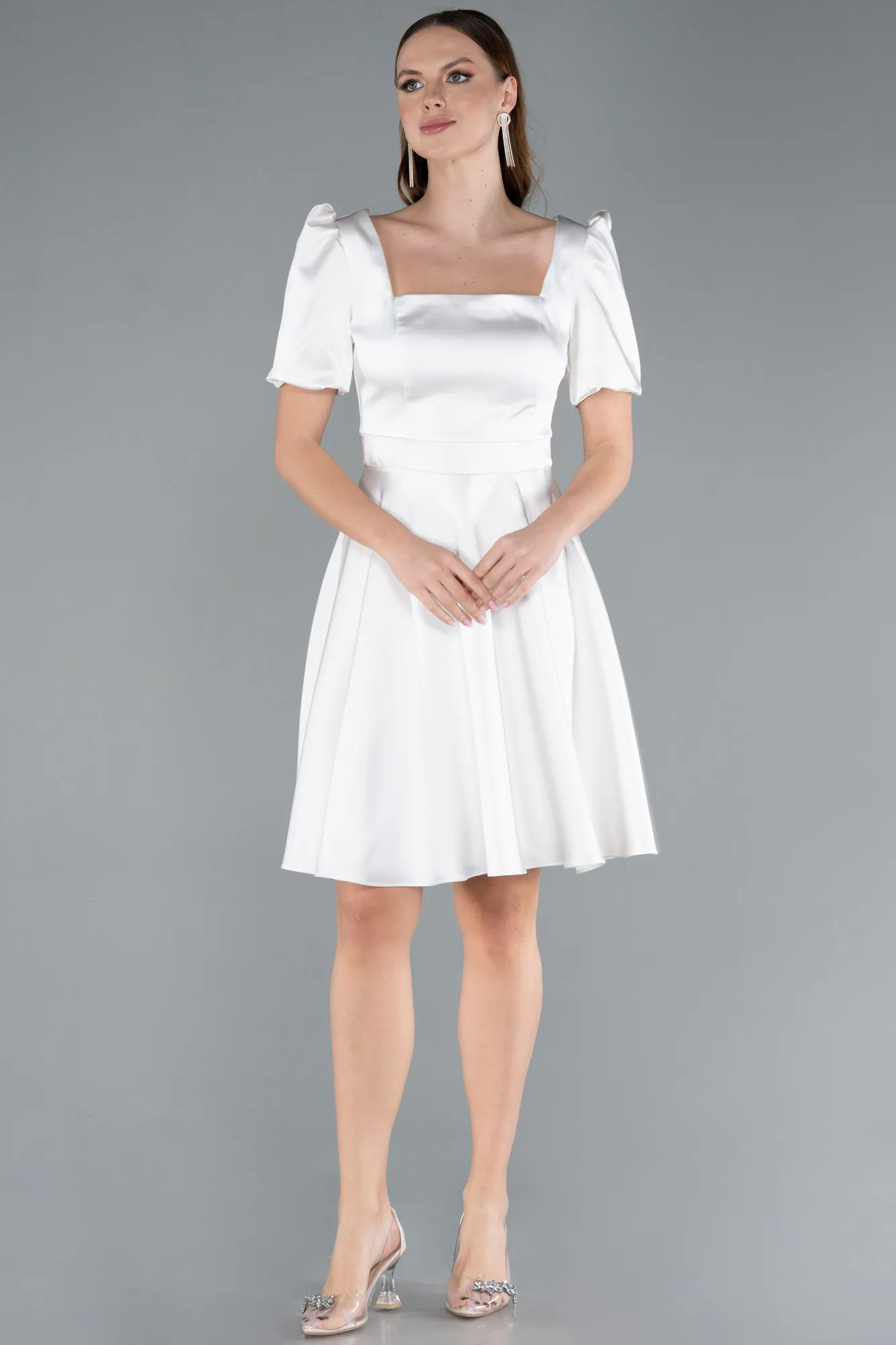 Ecru-Short Satin Invitation Dress ABK1792