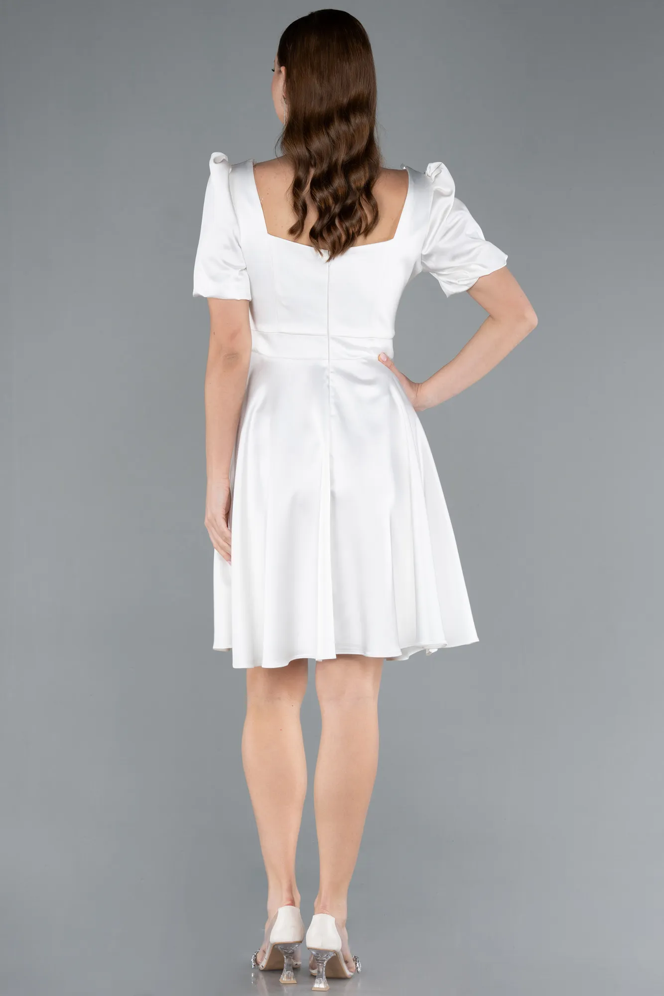 Ecru-Short Satin Invitation Dress ABK1792