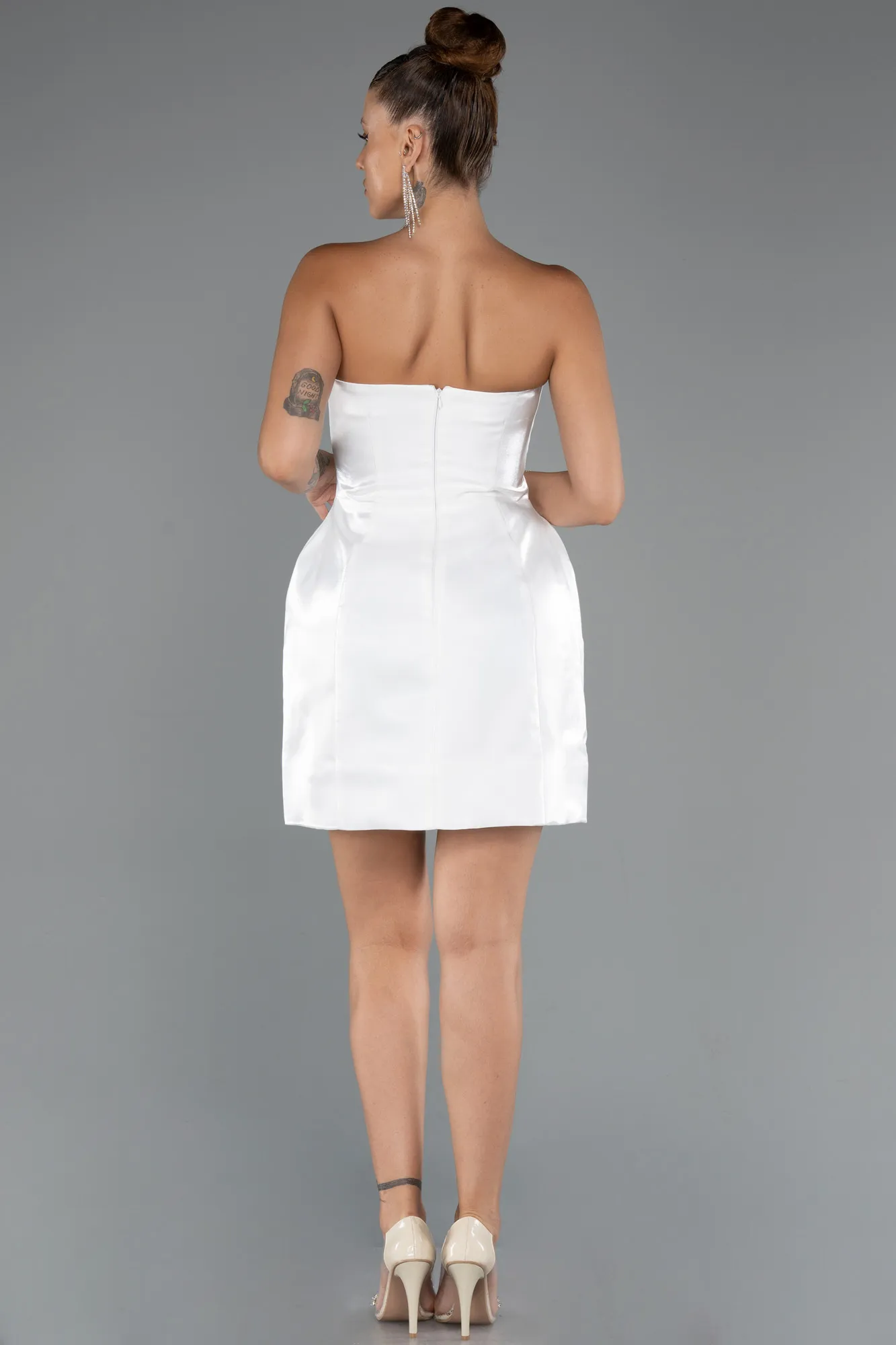 Ecru-Short Satin Party Dress ABK2439
