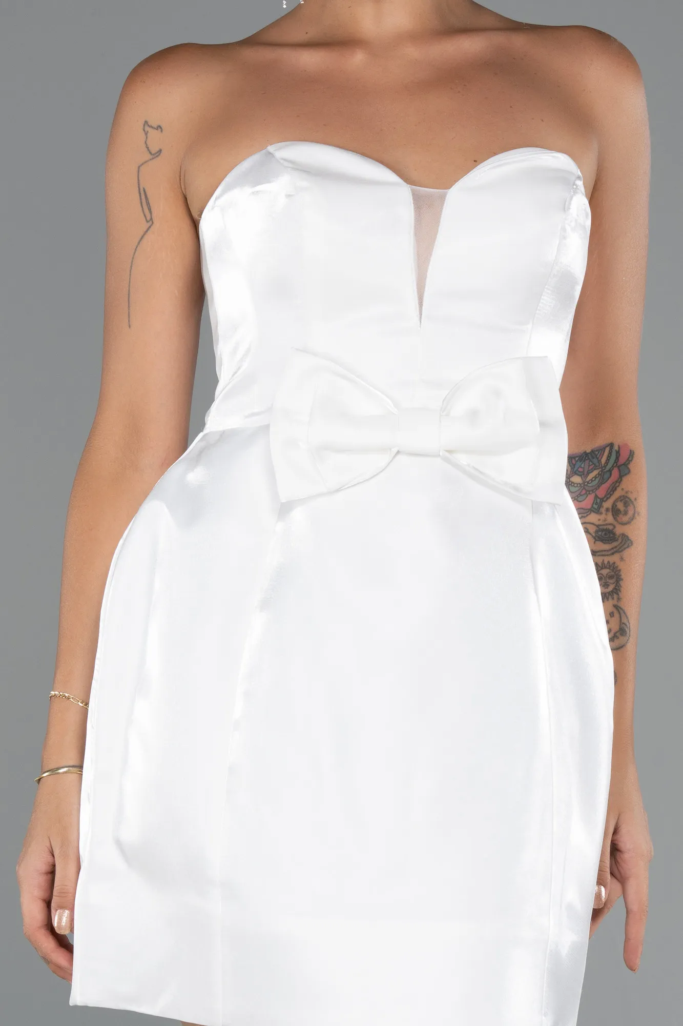 Ecru-Short Satin Party Dress ABK2439