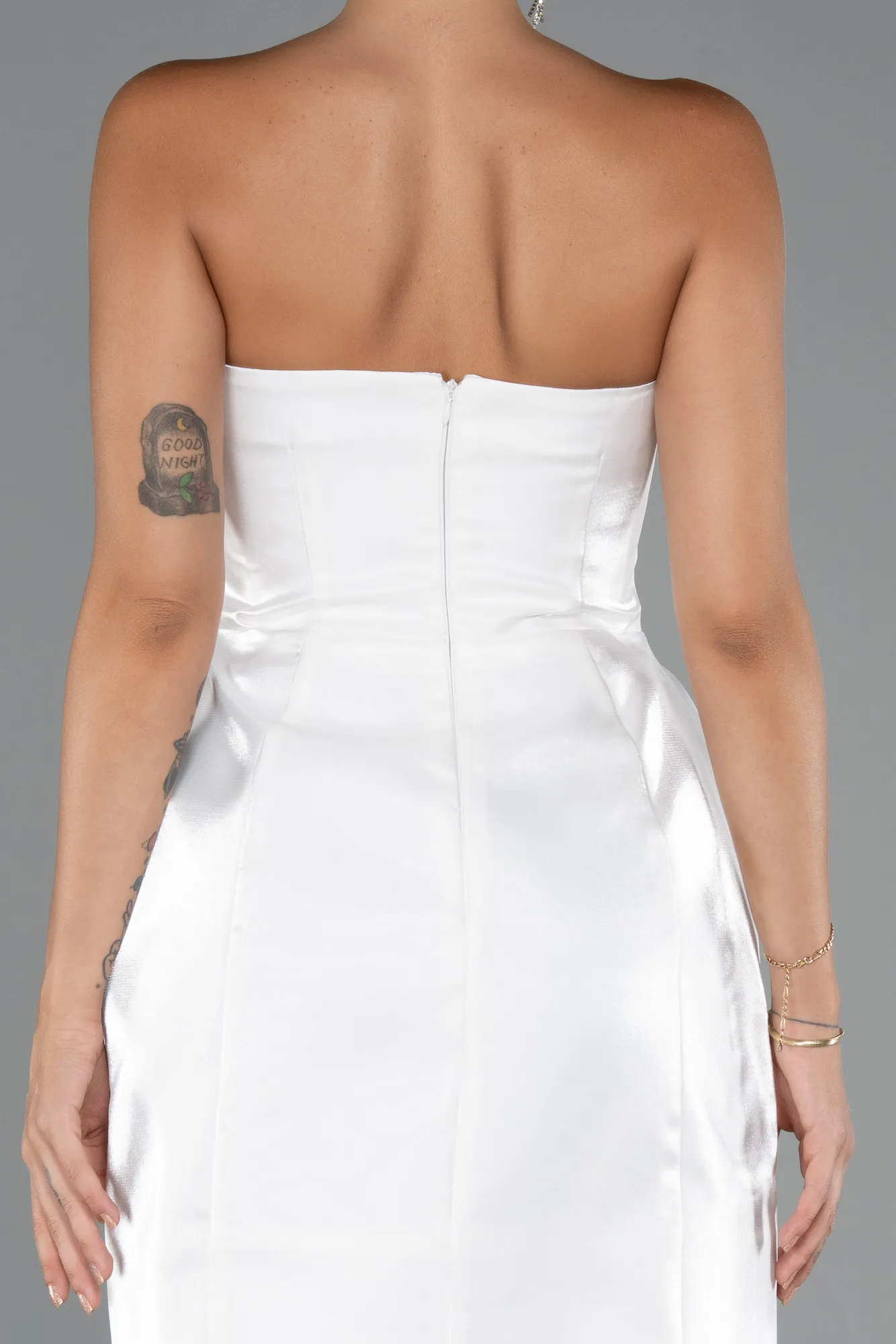 Ecru-Short Satin Party Dress ABK2439