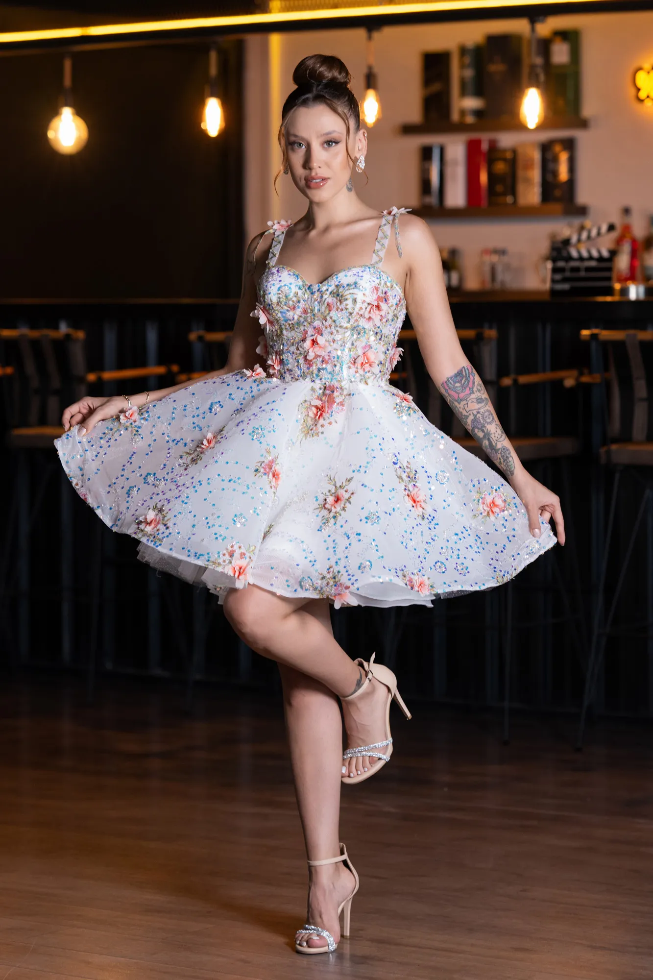 Ecru-Short Scaly Designer Evening Dress ABK2407