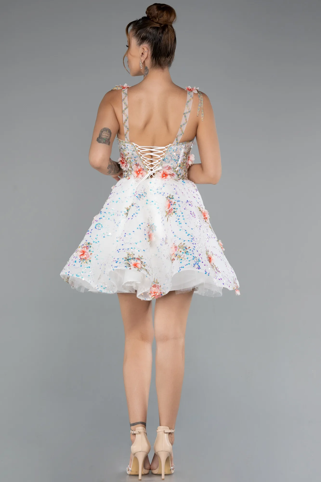 Ecru-Short Scaly Designer Evening Dress ABK2407