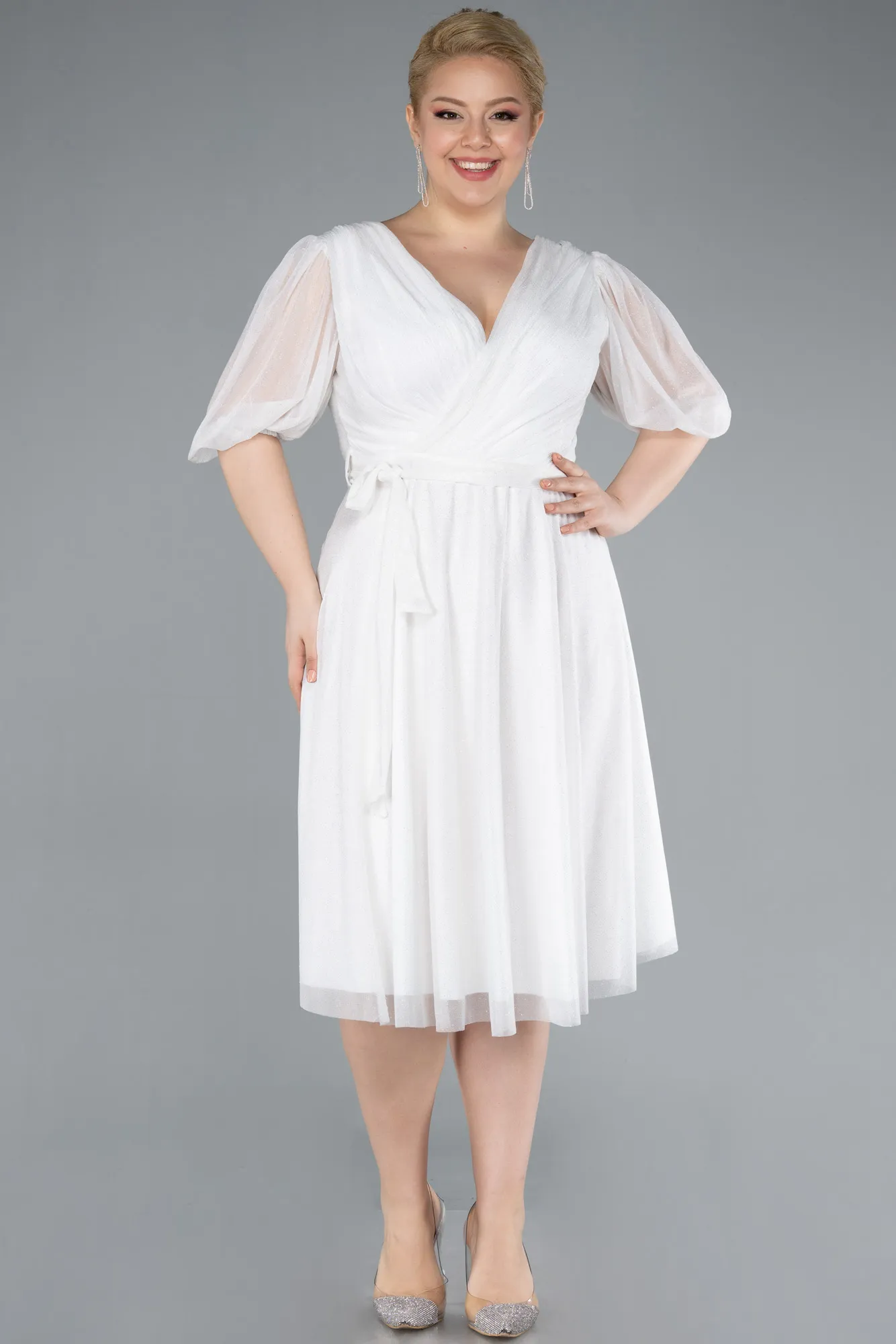 Ecru-Short Sleeve Glitter Midi Plus Size Invatation Dress ABK2135
